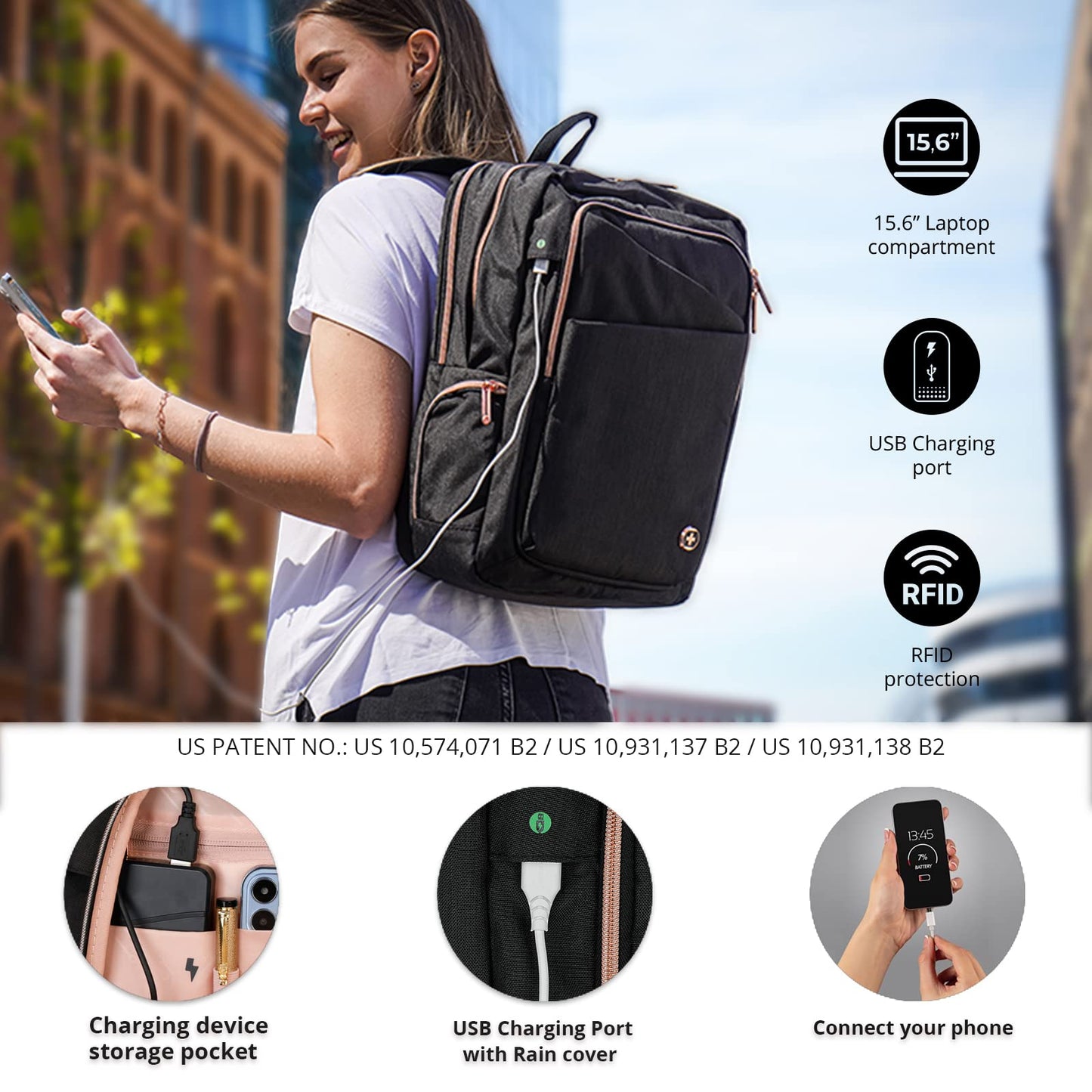 Swissdigital Design Katy Rose Backpack For Women Black with Rose Gold-Tone Zippers College Travel Laptop Backpack With Apple Find My network (KATY ROSE SD1006FB0-01) One Nation One World
