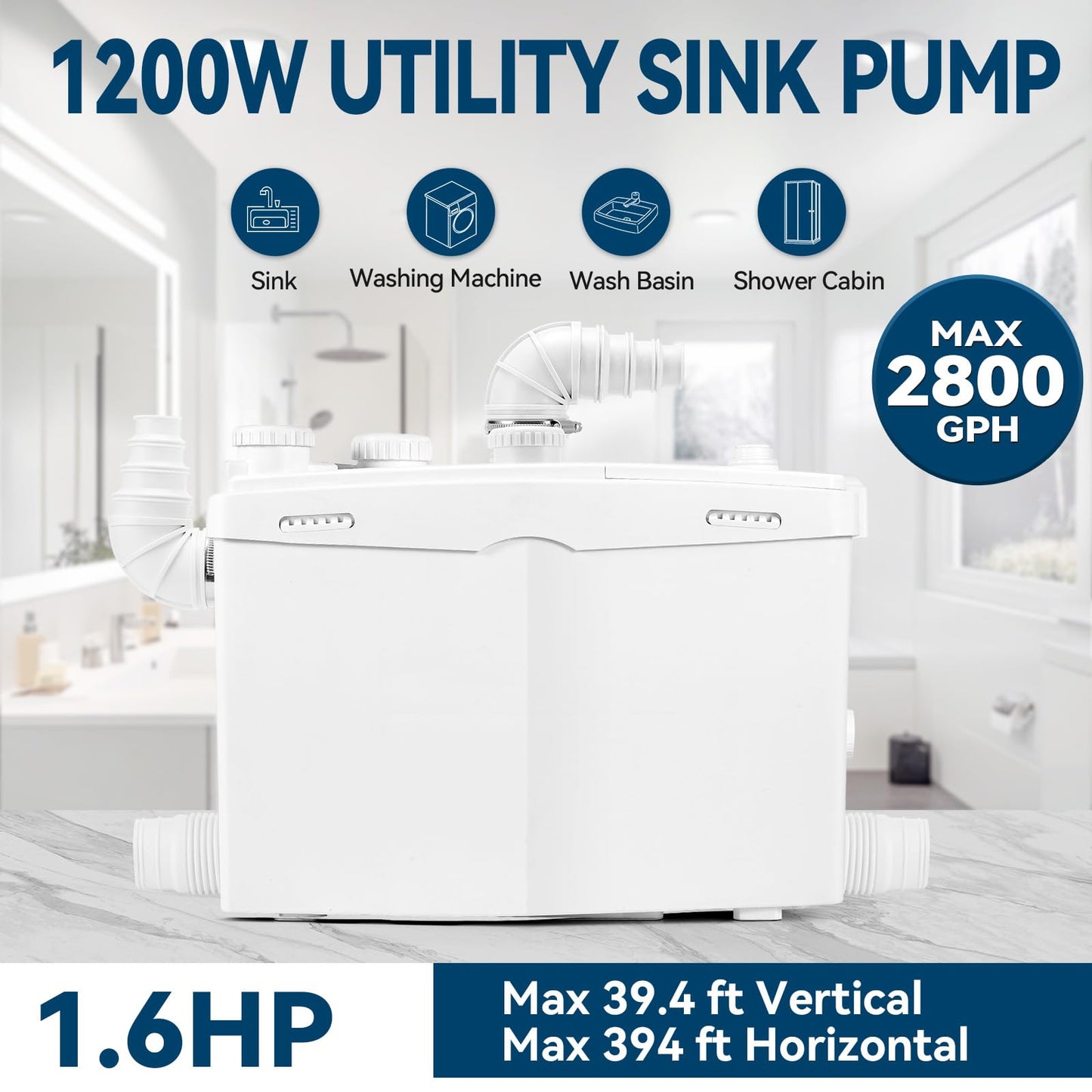1200W Utility Sink Pump with Blade PCB Function Macerator Sewerage Sump Pump Upflush to 39.4FT 2800GPH with 4 Water Inlets 2 Outlets Drain for Sink Shower Laundry Washing Machine Kitchen Basement