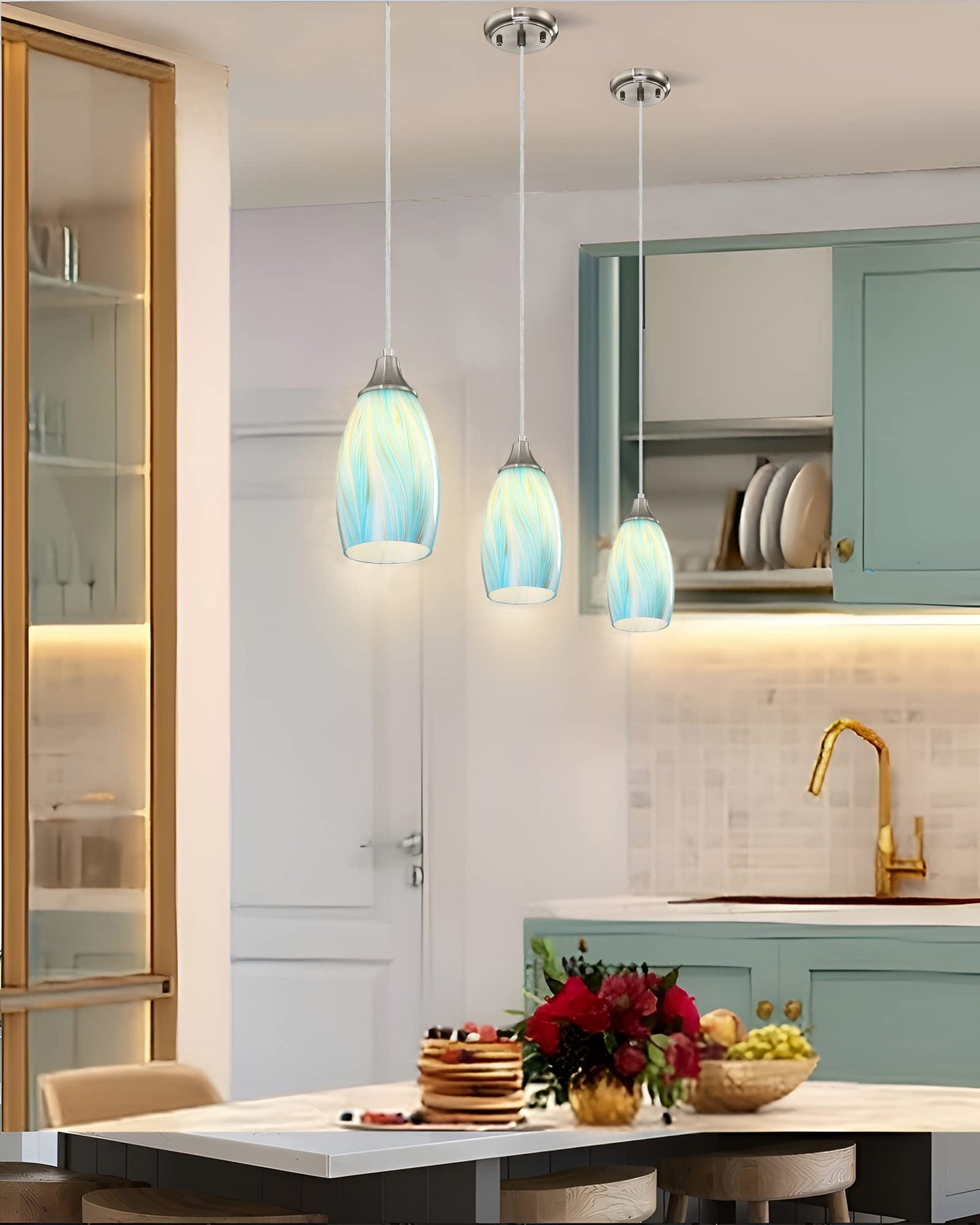 karyfine Mini Pendant Light,Handcrafted Art Glass Pendant Lighting Shade with Brushed Nickel Finished Teal Glass Ceiling Hanging lamp Adjustable Cord for Kitchen Island,Hallway,Dining Room