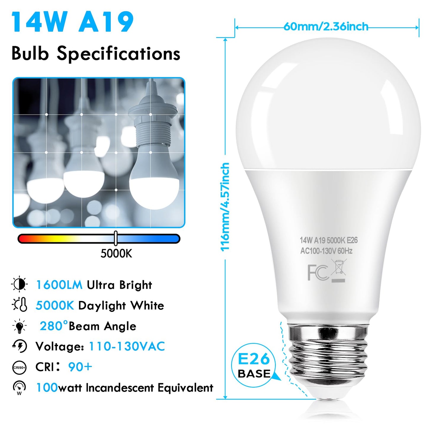 24-Pack LED Light Bulbs 100 Watt Equivalent, 14W 1600Lumens Bright A19 LED Bulbs, Standard E26 Medium Screw Light Bulbs 5000K Daylight White, 90+ CRI, 25000+Hrs Lifespan, No-Flicker, Non-Dimmable