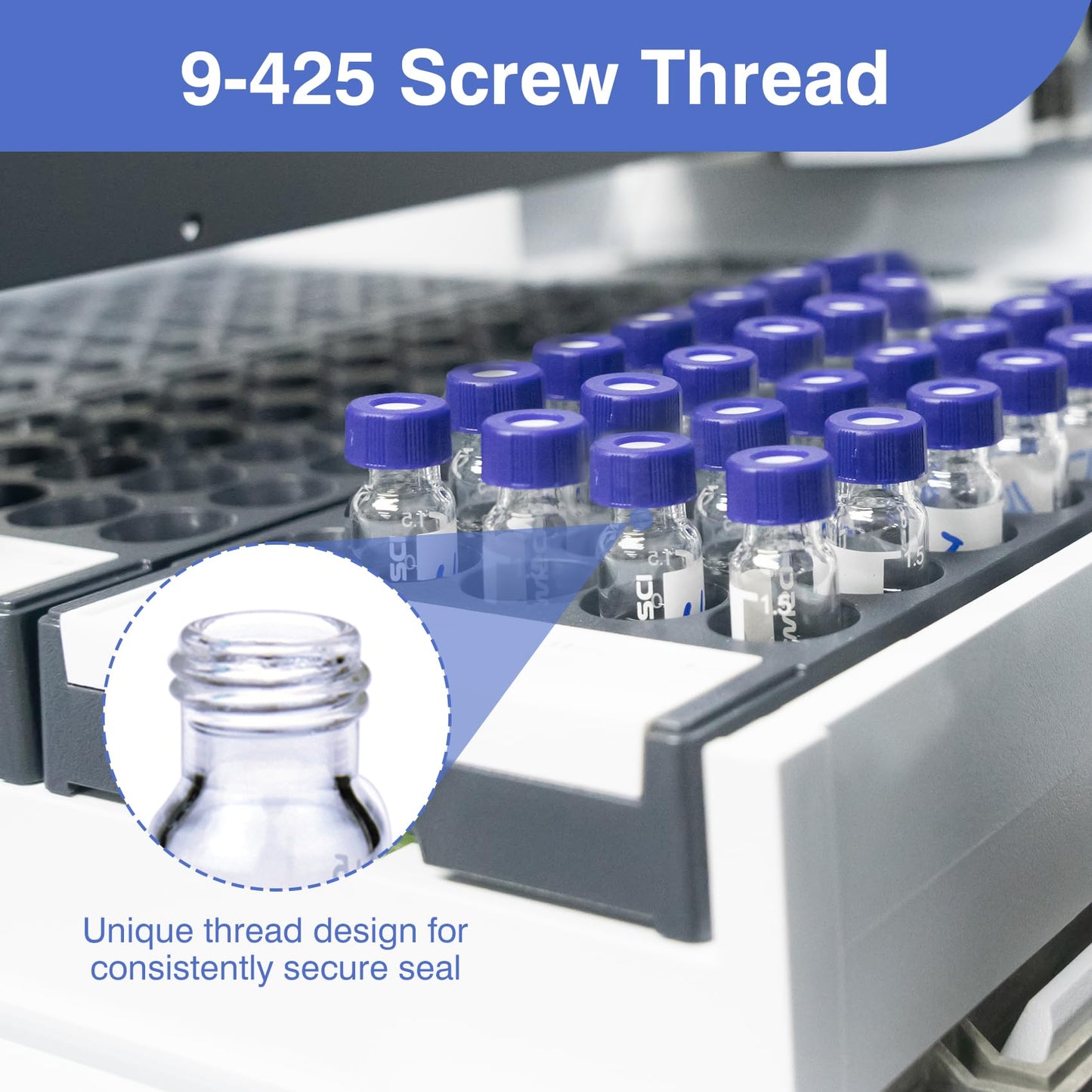 ALWSCI 1000PCS Blue 9-425 Open Top Ribbed Screw Cap, 2 ml HPLC Vial Caps, Pre-Slit 9 mm Blue PTFE/White Silicone Liner