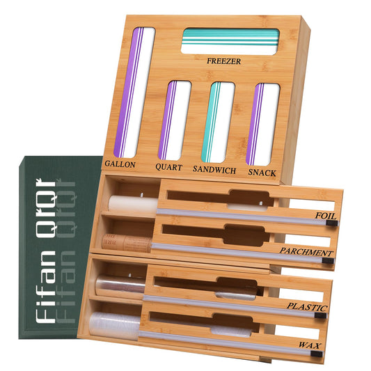 FifanQiQi 9 In 1 Storage Bag Organizer And Plastic Wrap Dispenser With Cutter, Bamboo Foil and Plastic Wrap Organizer