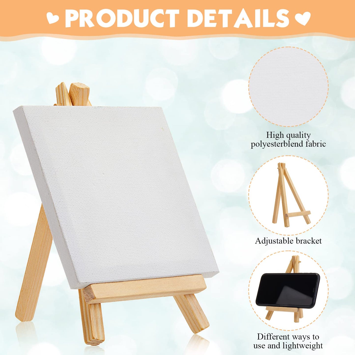 Mimorou 32 Pack Mini Canvas with Easel Sets for Painting Small Art Stretched Canvas Panels Pack with Wood Display Easel for Classroom Crafts, Art Projects, Birthday Paint Party Favors (6 x 6 Inch)