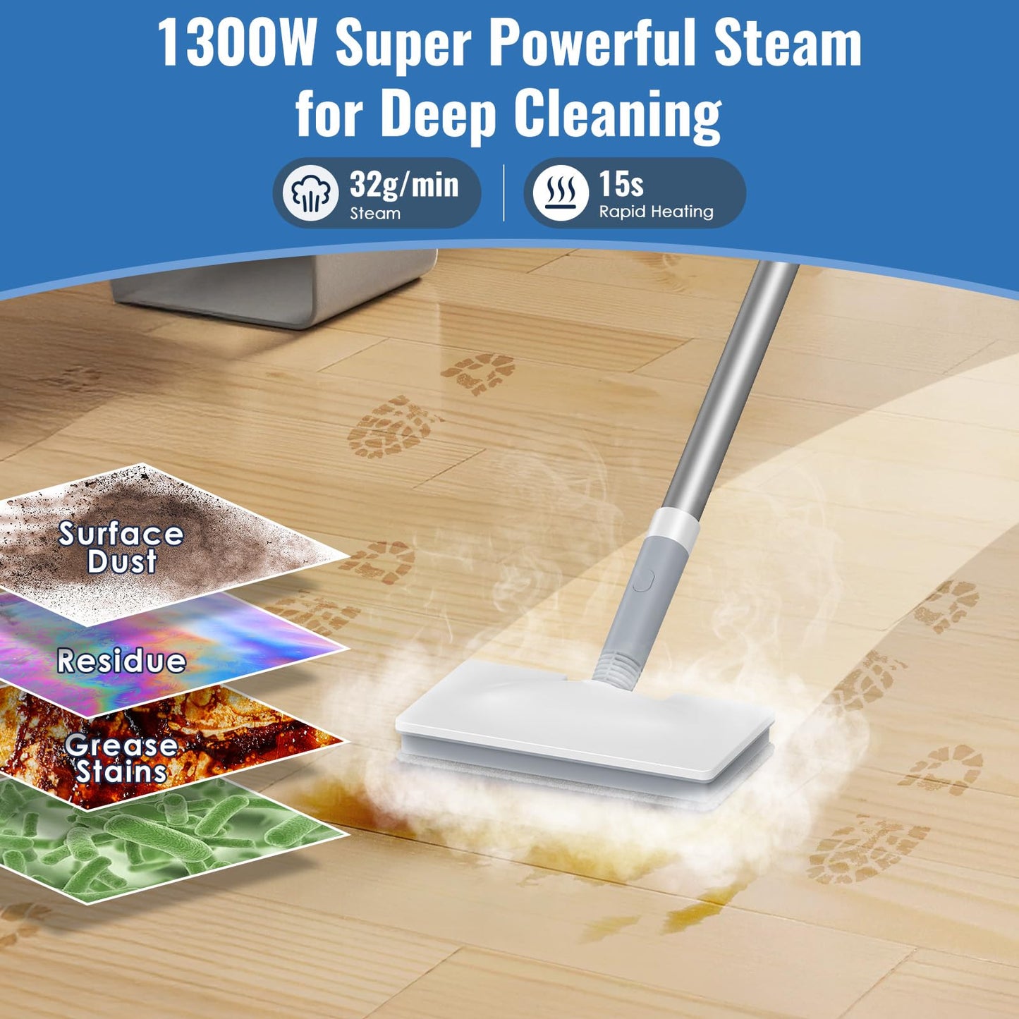 FEPPO Steam Mop & Detachable Handheld Steam Cleaner for Home and Floor Cleaning, 15s Heat-Up, 230°F Floor Steamer for Deep Cleaning with Multi-purpose Attachments Hardwood Floors, Tile,Grout,Furniture