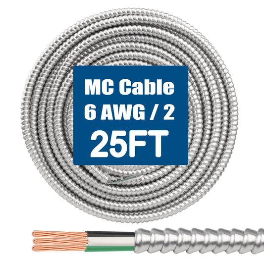 6/2 MC Cable with Ground - 25FT Pure Copper 6AWG/2 Metal Clad Wire with Aluminum Armor 6 Gauge 2 Conductor Type MC Alum Cable