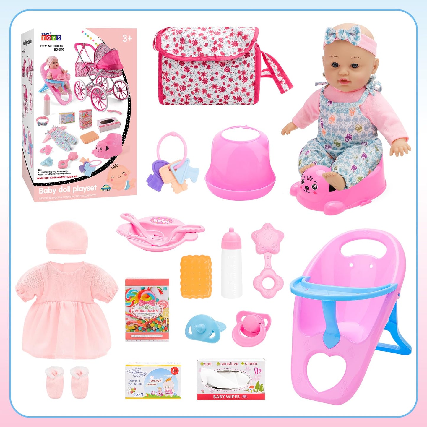 deAO Baby Doll Stroller Set High Chair Travel Diaper Bag with 12 inch Baby Doll Accessories Pretend Play Toys with Foldable Stroller 2 Sets Doll Clothes Birthday Gift for Girls Boys Toddler Kids