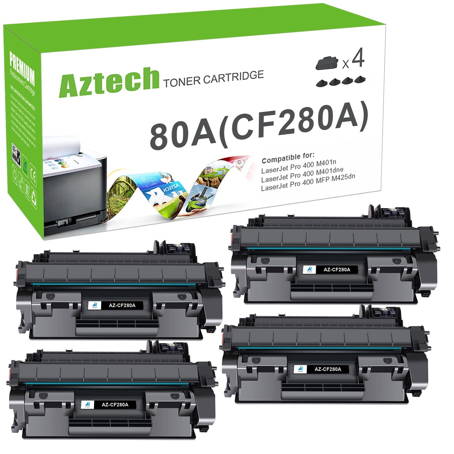 Aztech Compatible Toner Cartridge Replacement for HP 80A CF280A 80X CF280X Pro 400 M401A M401D M401N M401DNE MFP M425DN (Black, 4-Pack)