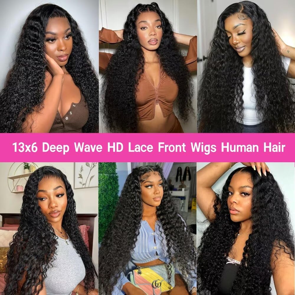 PEWDCCFD 22 Inch 13x6 Deep Wave Lace Front Wigs Human Hair Wigs for Women 200% Density HD Lace Front Wigs Human Hair Deep Curly Lace Frontal Wigs Human Hair Pre Plucked with Baby Hair Natural Black