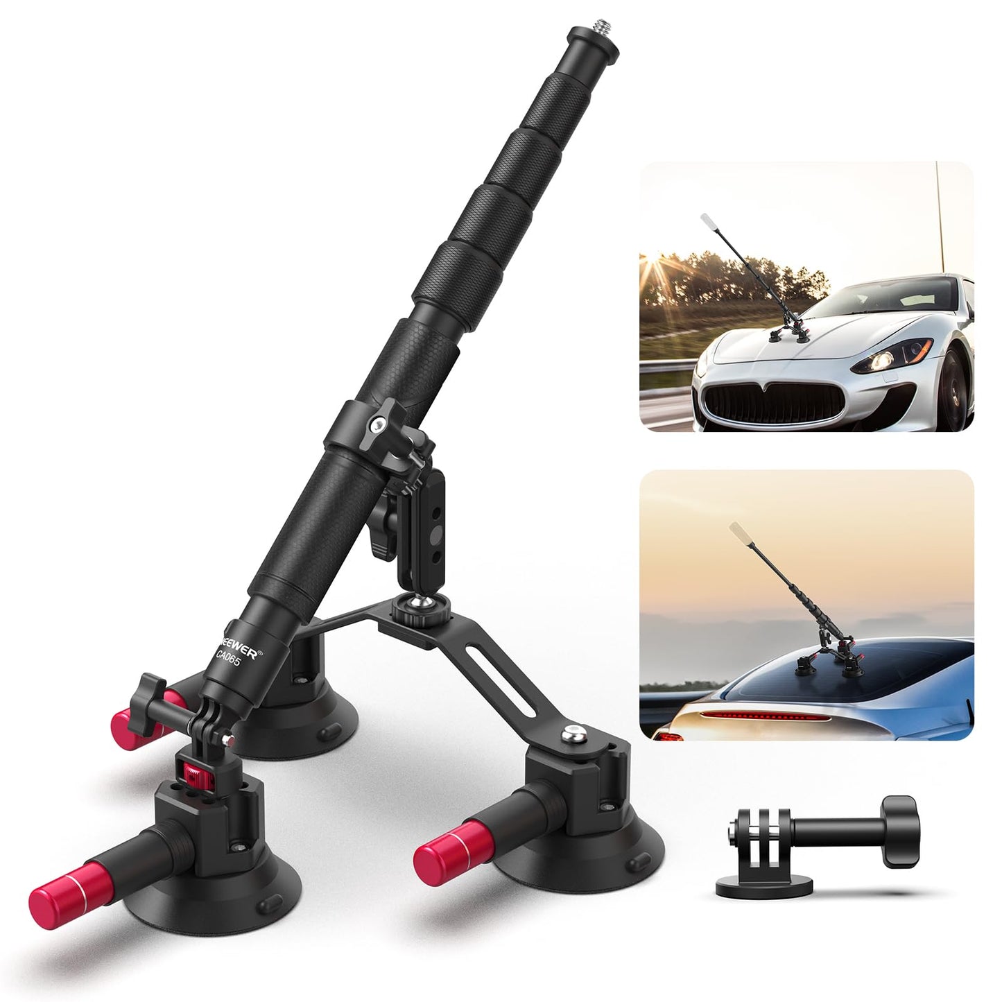 NEEWER Triple Suction Cup Car Mount Compatible with Insta360 X5 X4 GoPro DJI OSMO 360 Cameras, Quick Release Outside Windshield Magic Arm Mount Kit with 2 in 1 Extension Pole/Selfie Stick, CA065