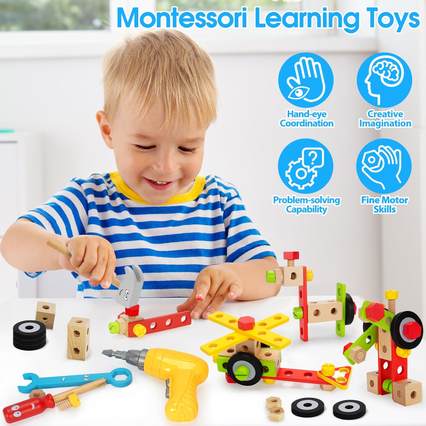 Kids Tool Set with Drill, Montessori Toys for 3 4 5 Year Old Kids, 44 Wooden Tool Kits for Toddlers, Box Included, Educational Building Toy