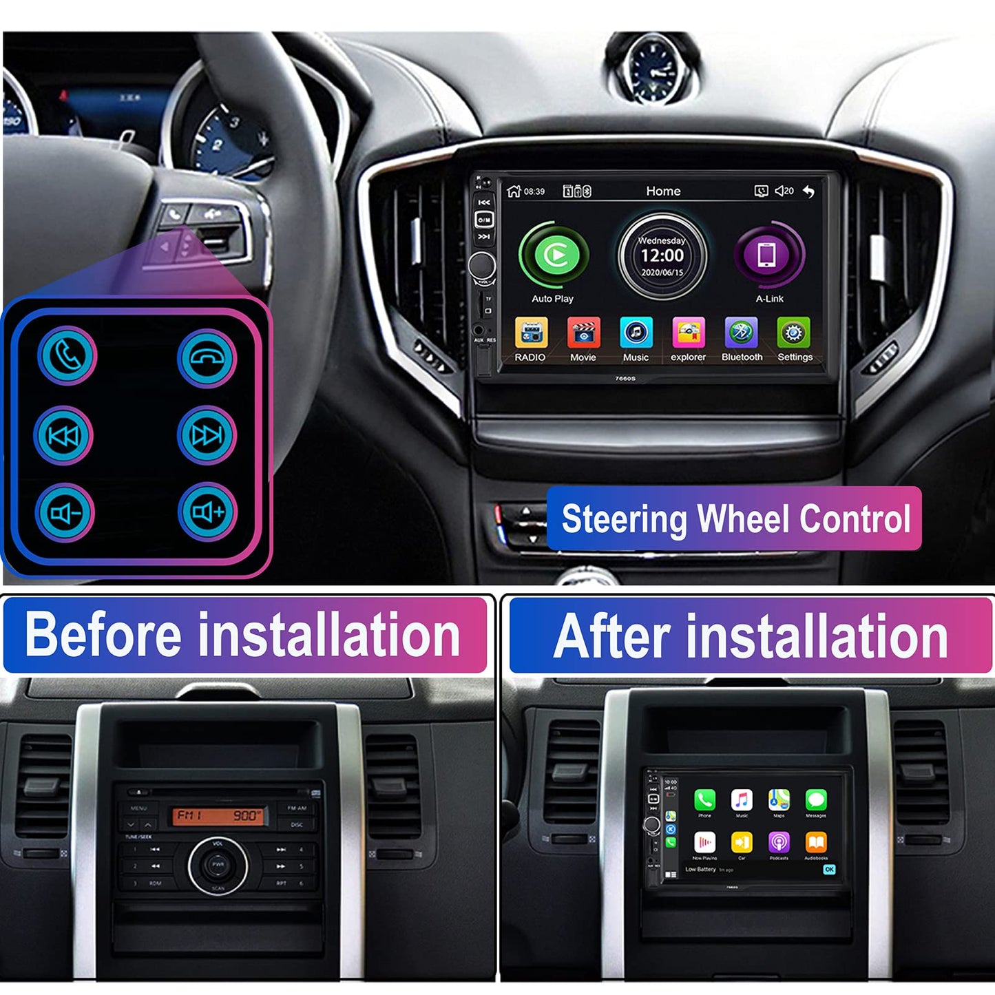 Double Din Car Stereo Radio Compatible with Apple Carplay and Android Auto, 7-Inch HD Touchscreen with Voice Control, Mirror Link, Backup Camera, Steering Wheel, Bluetooth, FM, USB/TF/AUX Port