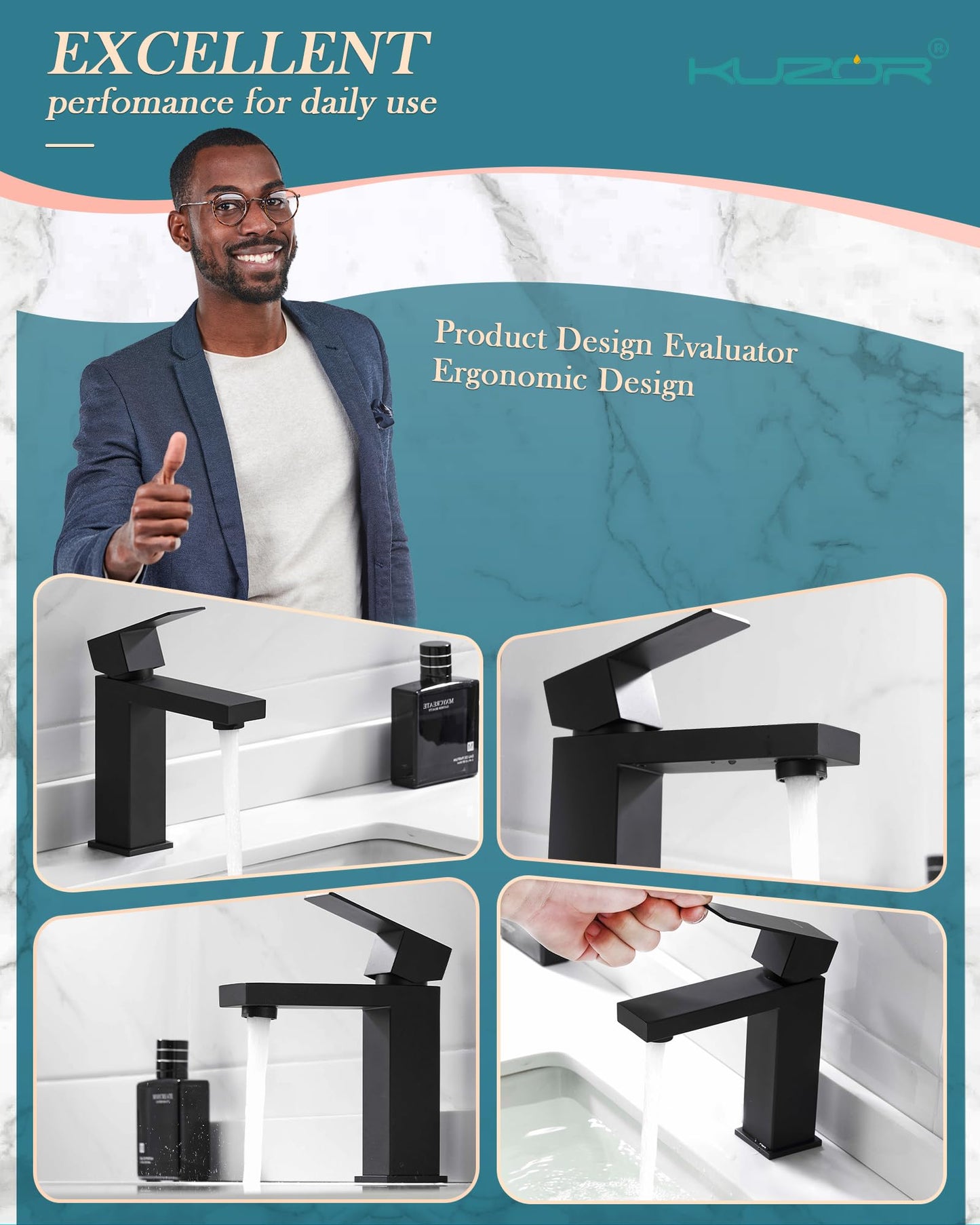 KUZOR Matte Black Bathroom Faucet Single Hole, 304 Stainless Steel One Handle Bathroom Sink Faucet with Metal Pop Up Drain, for Modern Bath/Vanity - 6.69 Inch Height