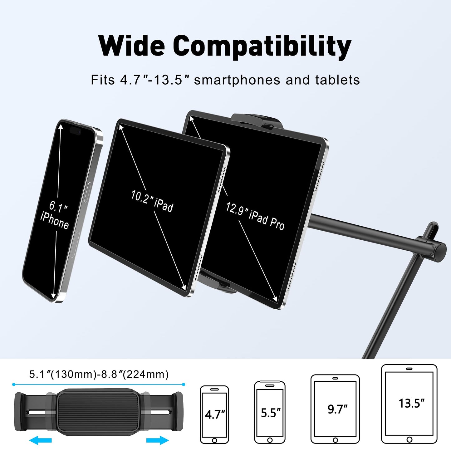AboveTEK Tablet Stand Holder for Desk & Bed, Aluminum iPad Holder Arm with 360° Rotating Clamp, Adjustable Phone Stand Compatible with 4.7"-13.5" iPad Pro/Air/Mini, iPhone, Galaxy Tab- Black
