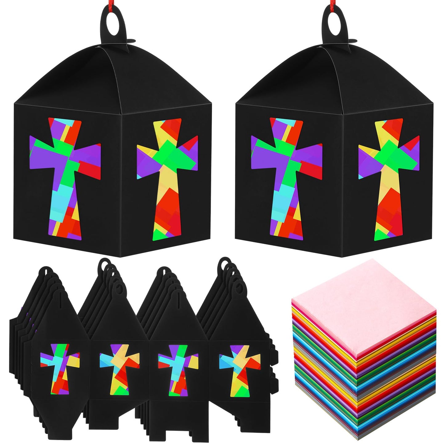 VIHOSE 16 Sets Religious Craft Kits Religious Lanterns Craft Bulk Suncatcher Kits Religious Cross Ornaments Christian DIY Tissue Paper Kits for Sunday School Classroom Art Home Church