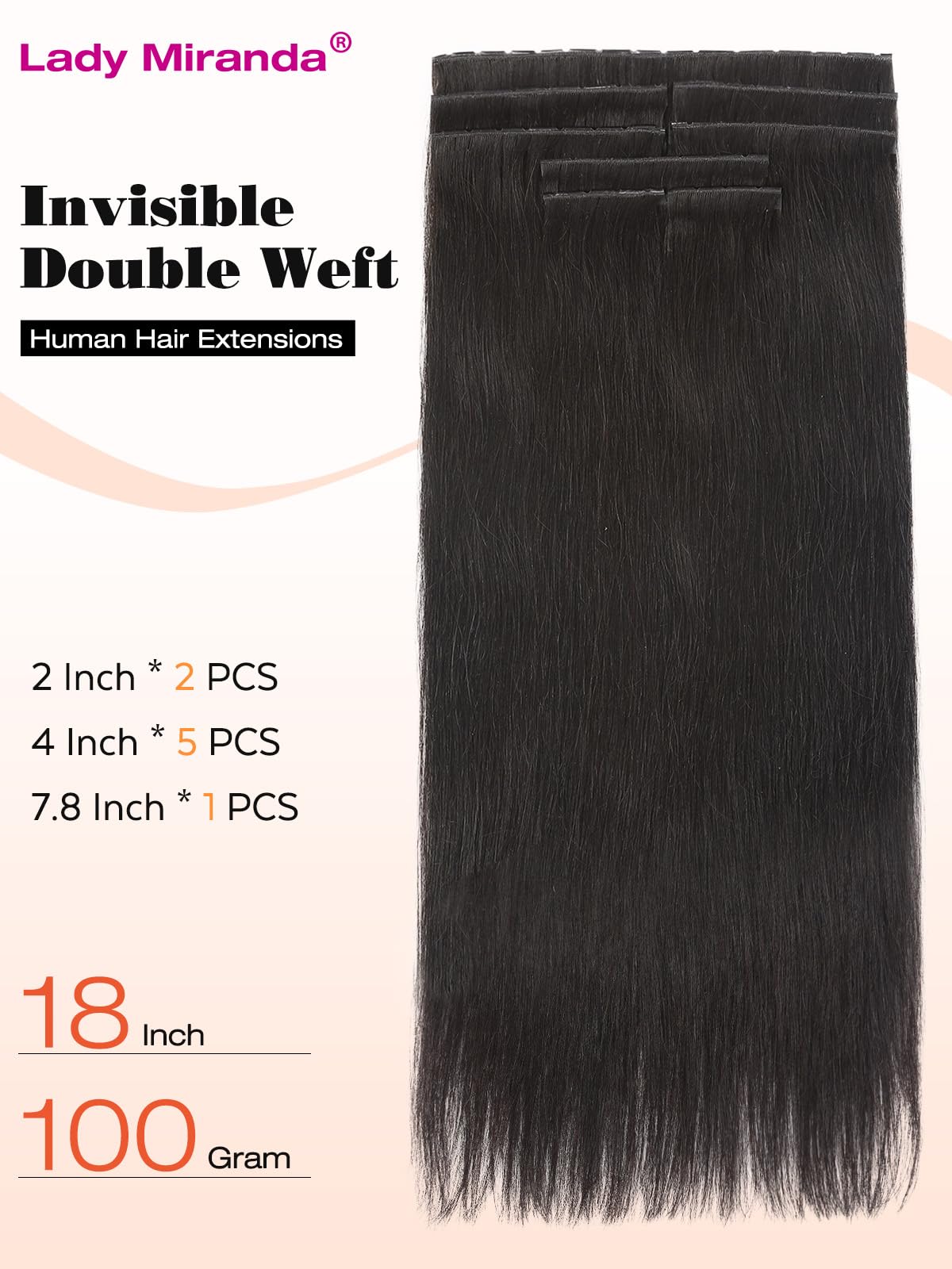 LADY MIRANDA Double Sided PU Invisible Weft Human Hair Extensions 18 Inch 100G Natural Black Micro Ring PU Hair Extensions Twin Tabs Invisible Weft Tape in Extensions with Micro Beads(1B, 18 Inch)