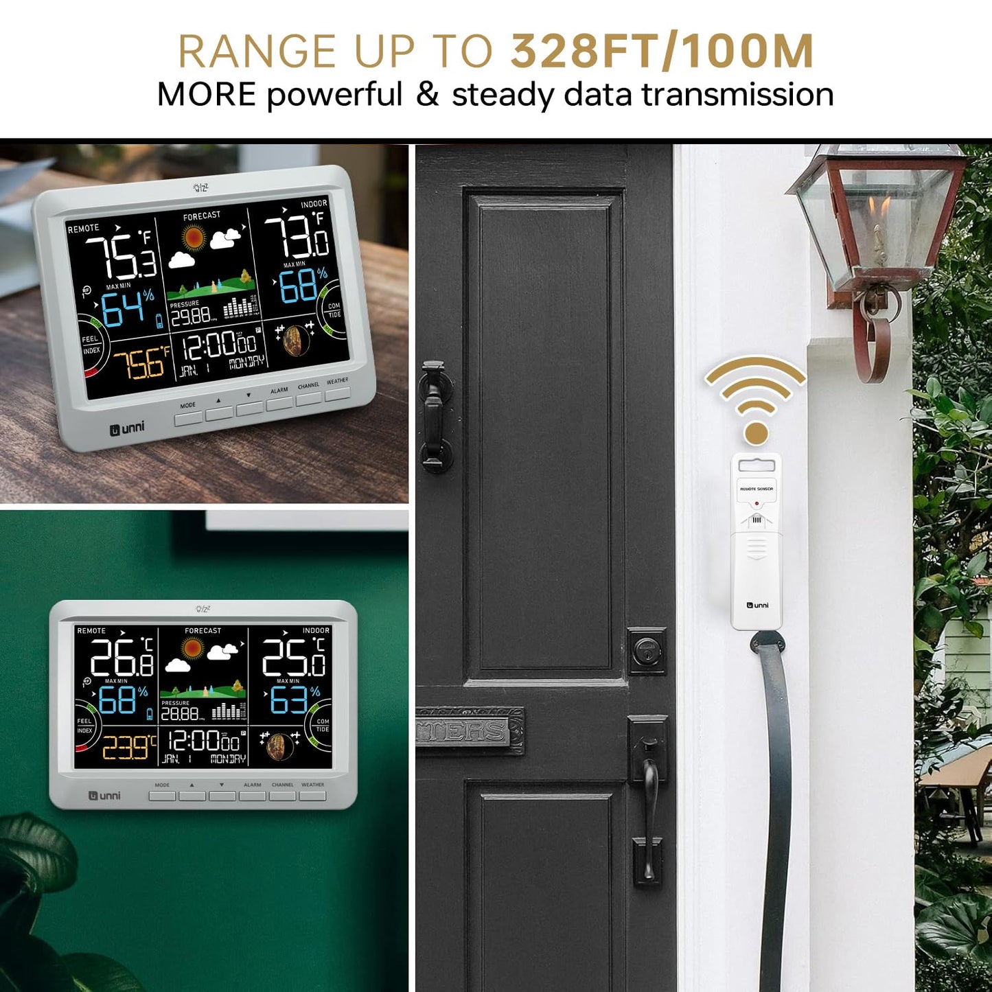U UNNI Weather Station Wireless Indoor Outdoor Thermometer with Heat Dew Mold, Thermometer Inside Outside with Calendar and 3 Adjustable Backlight