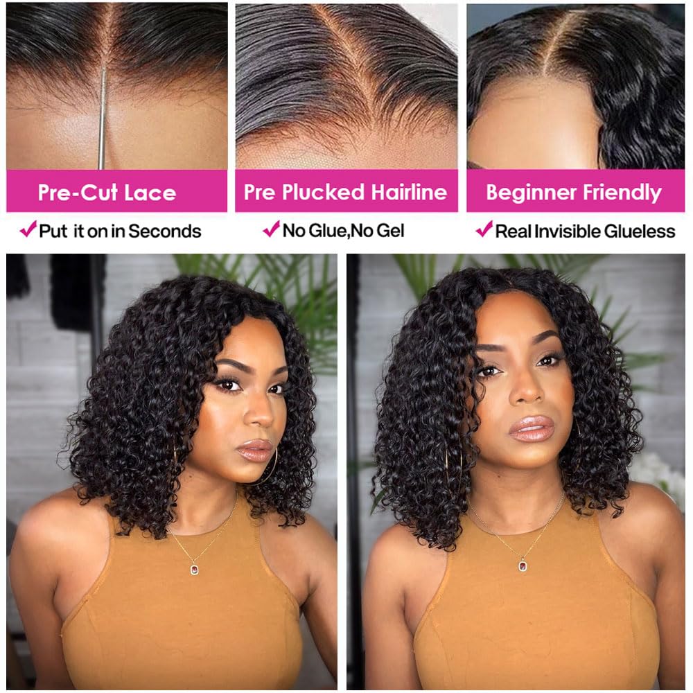 GOLFMAX Wear and Go Glueless Wigs Human Hair Pre Plucked Pre Cut Short Bob Wigs With Elastic Band For Black Women Deep Wave Curly 4x4 Closure Wig Water Wave Wigs Human Hair 12 Inch