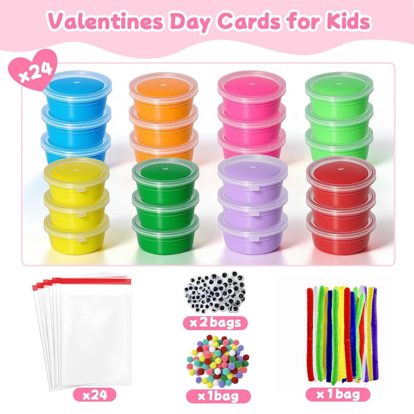 NAXYAN 24 Packs Valentines Day Cards for Kids School with DIY Air Dry Clay Kits Valentines Day Gifts for Kids Classroom Valentine Class Exchange Presents Party Favors (24 Packs for Valentines)