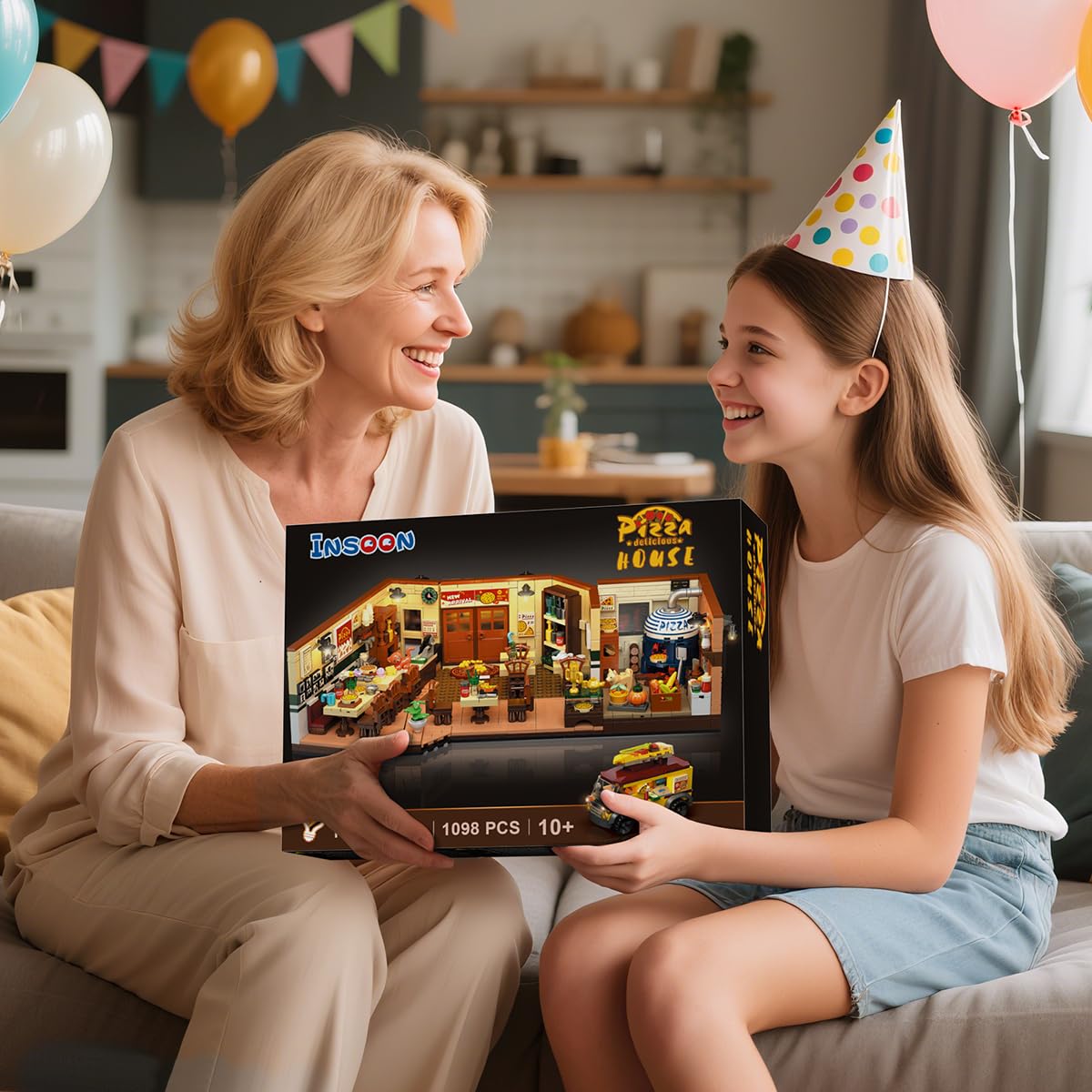 INSOON City Street Pizza Restaurant Building Set with Light, 1098PCS Pizzeria House Architecture Model with Retro Pizza Van, Home Decor Construction Building Block Gift for Adults Teens Boys Girls 12+