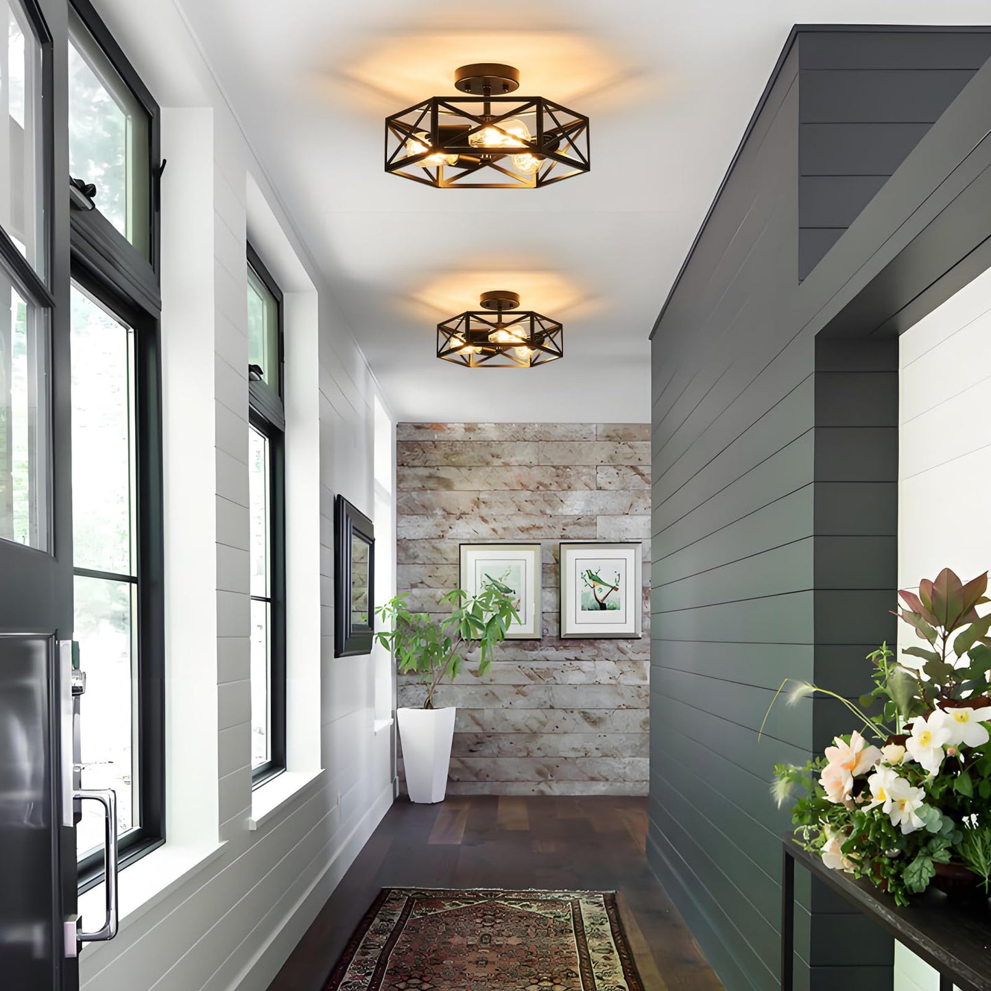 Bwxcie Modern Farmhouse Black Ceiling Light,Industrial Semi Flush Mount Ceiling Lighting Fixture,Hexagonal Lighting Fixtures for Kitchen,Bedroom,Foyer,Dining Room,Hallway,3-Light,14.6 Inch
