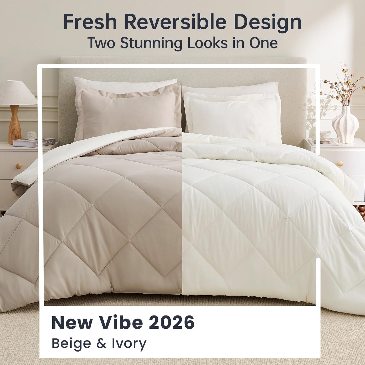 JOLLYVOGUE King Size Comforter Set, Soft Reversible Bedding for All Seasons, 3 Pieces Down Alternative Bed Set Includes 1 Lightweight Comforter (104"x90") and 2 Pillow Shams (20"x36"), Beige & Ivory