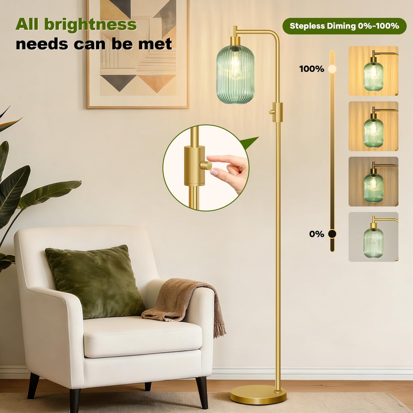 【Upgraded】 Dimmable Glass Floor Lamp for Living Room, Modern Gold Standing Lamp with Green Ribbed Glass Lampshade & Knob Dimmer, Arc Tall Lamp for Bedroom Office Reading Room, 2700K Led Bulb Included