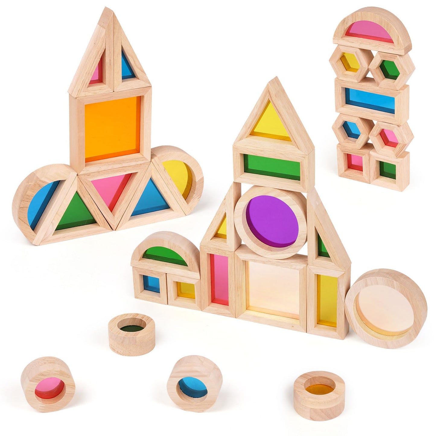 Wooden Rainbow Building Blocks for Kids 32 Pcs Rainbow Stacker Stacking Blocks Game Colorful Construction Toys Preschool Learning Educational Toys -Geometry Wooden Blocks for Boys & Girls