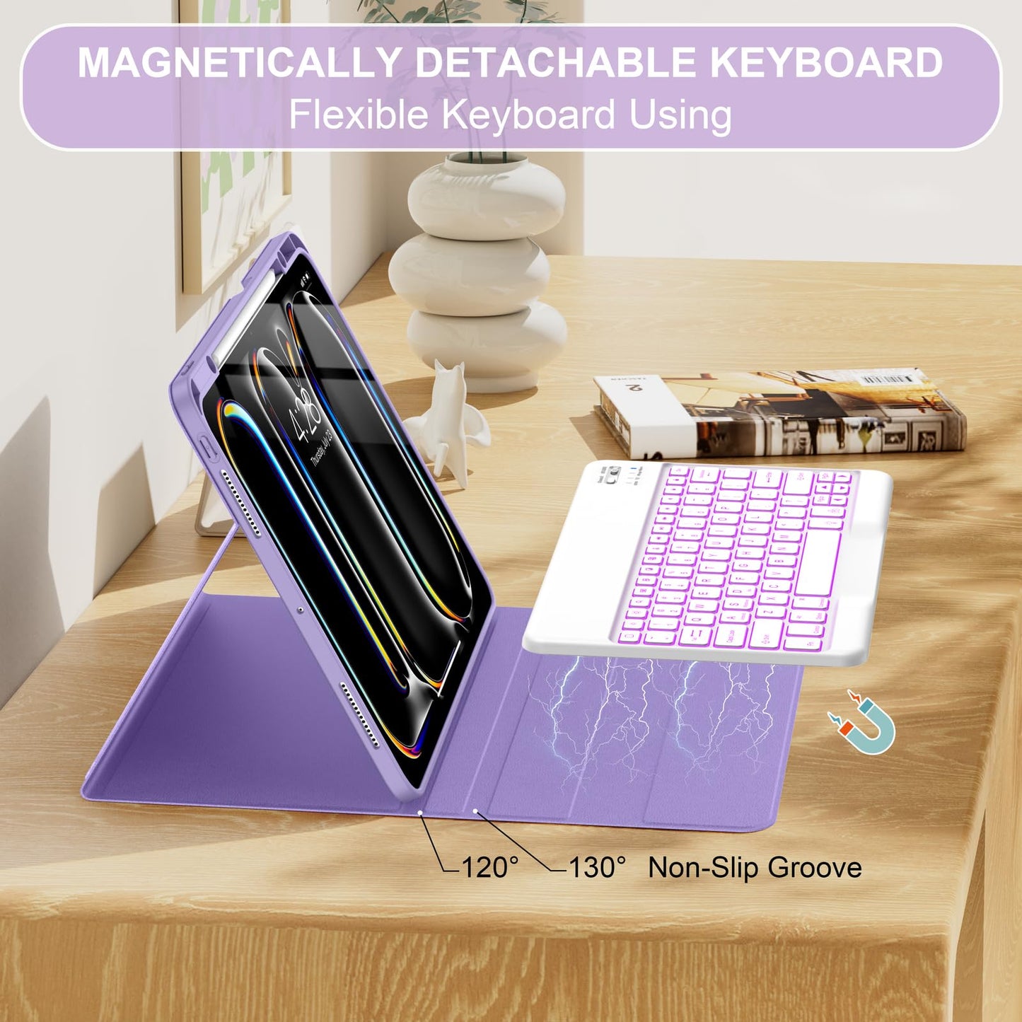 Soke Keyboard Case for iPad Pro 13 Inch (M4 2024), Magnetic Detachable Wireless Keyboard & 7 Colors Backlight Keys, Folio Stand TPU Back Cover with Pencil Holder for iPad Pro 13", Lilac Marble