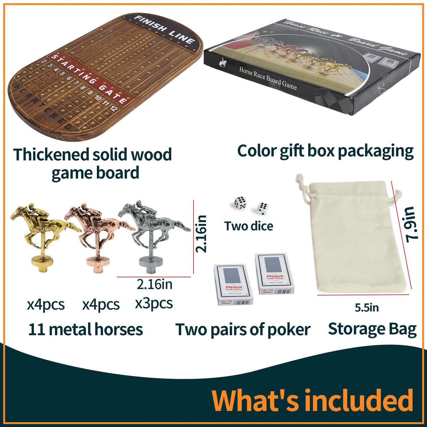 Jyquorp Horse Race Board Game Racing Game Solid Wood with 11 Luxurious Durable Classic Metal Horses with 4 Dice and 2 Boxes of Cards Finish Line Horse Racing Game (Rustic Brown)