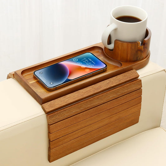 BAMTRAY Couch Cup Holder Tray, 15.75" Acacia Wood Couch Armrest Table, 3 in 1 Foldable Sofa Clip on Side Table with 360° Phone Stand, Armrest Tray for Coffee Snacks