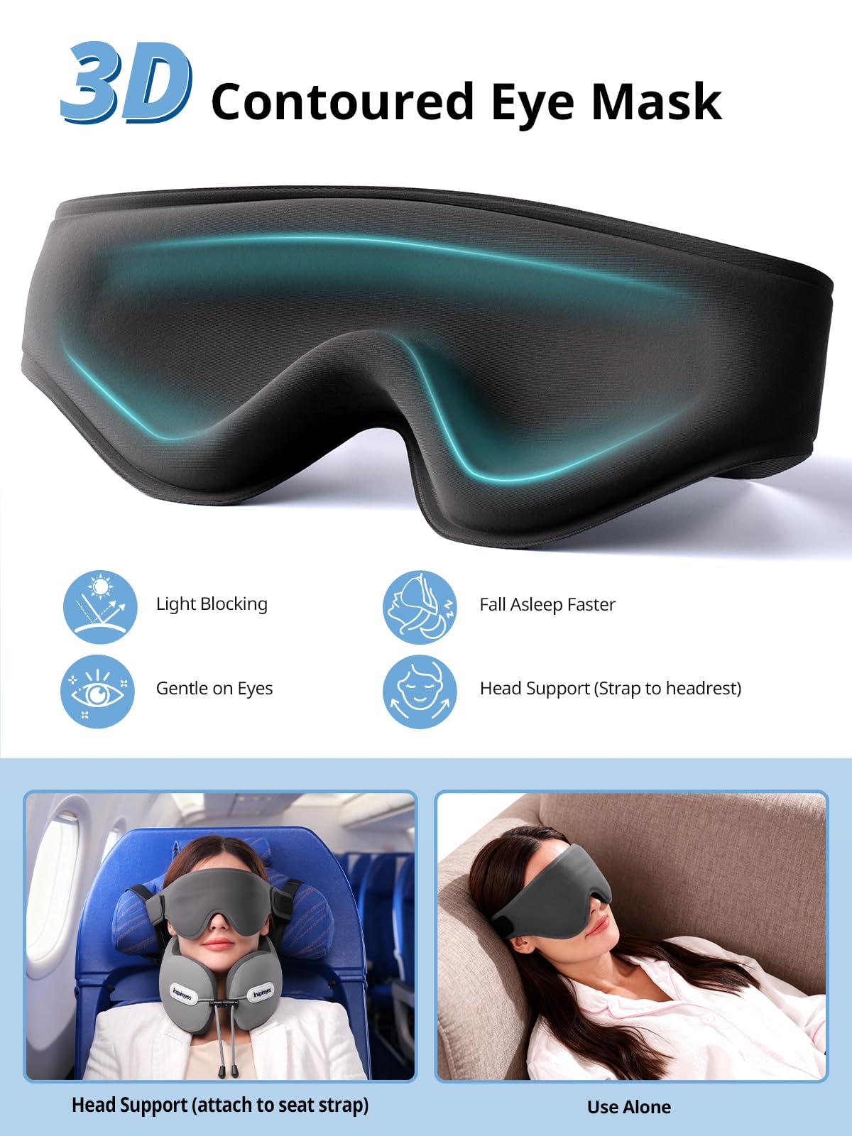 Inspireyes Neck Pillow, Travel Pillow with Seat Strap, 3D Sleep Mask, Dual Support Neck Head, High Supportive Foam Airplane Pillow for Long Flight, Stop Bobblehead Travel Essential, Light Grey
