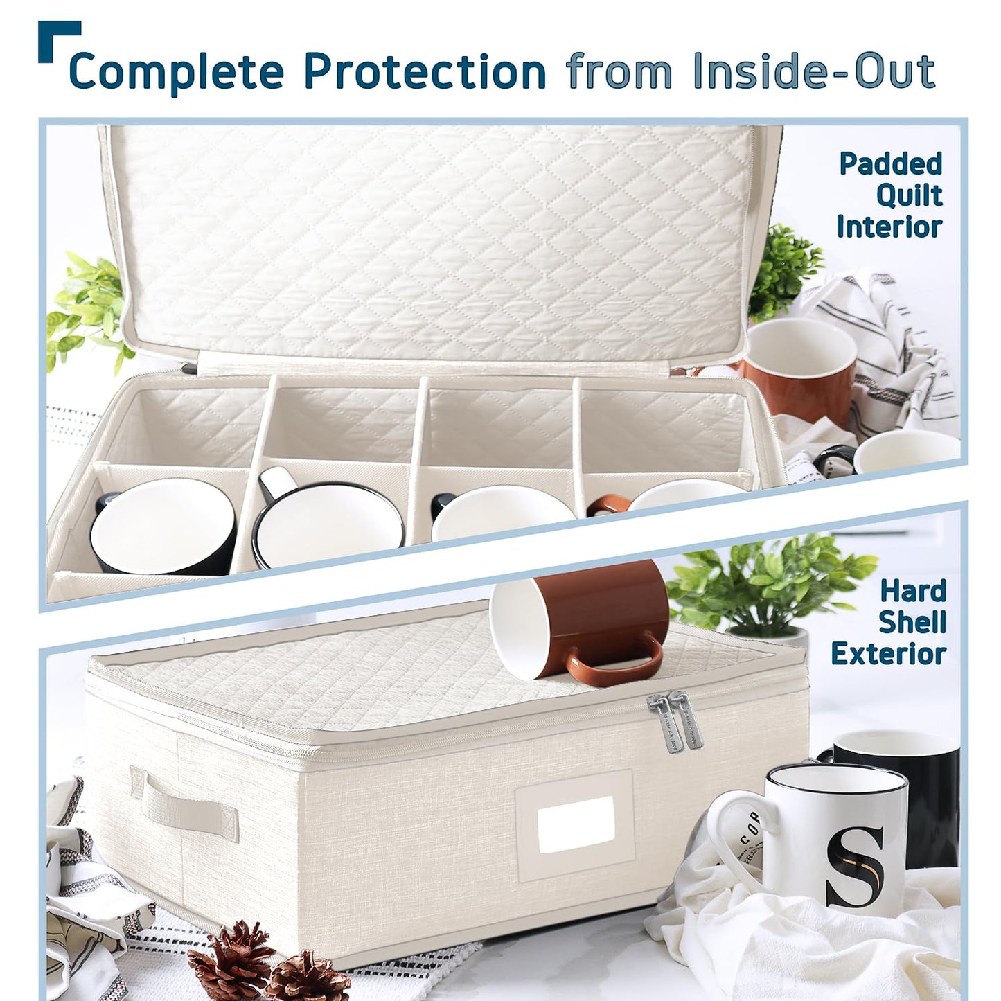 Fine China Storage Containers, 5 Piece Quilted Dish Storage Containers, Mug, Cup, and Plate Dish Organizer with Felt Dividers, Service of 12 Dinnerware Boxes for Moving, Seasonal Organization, Cream