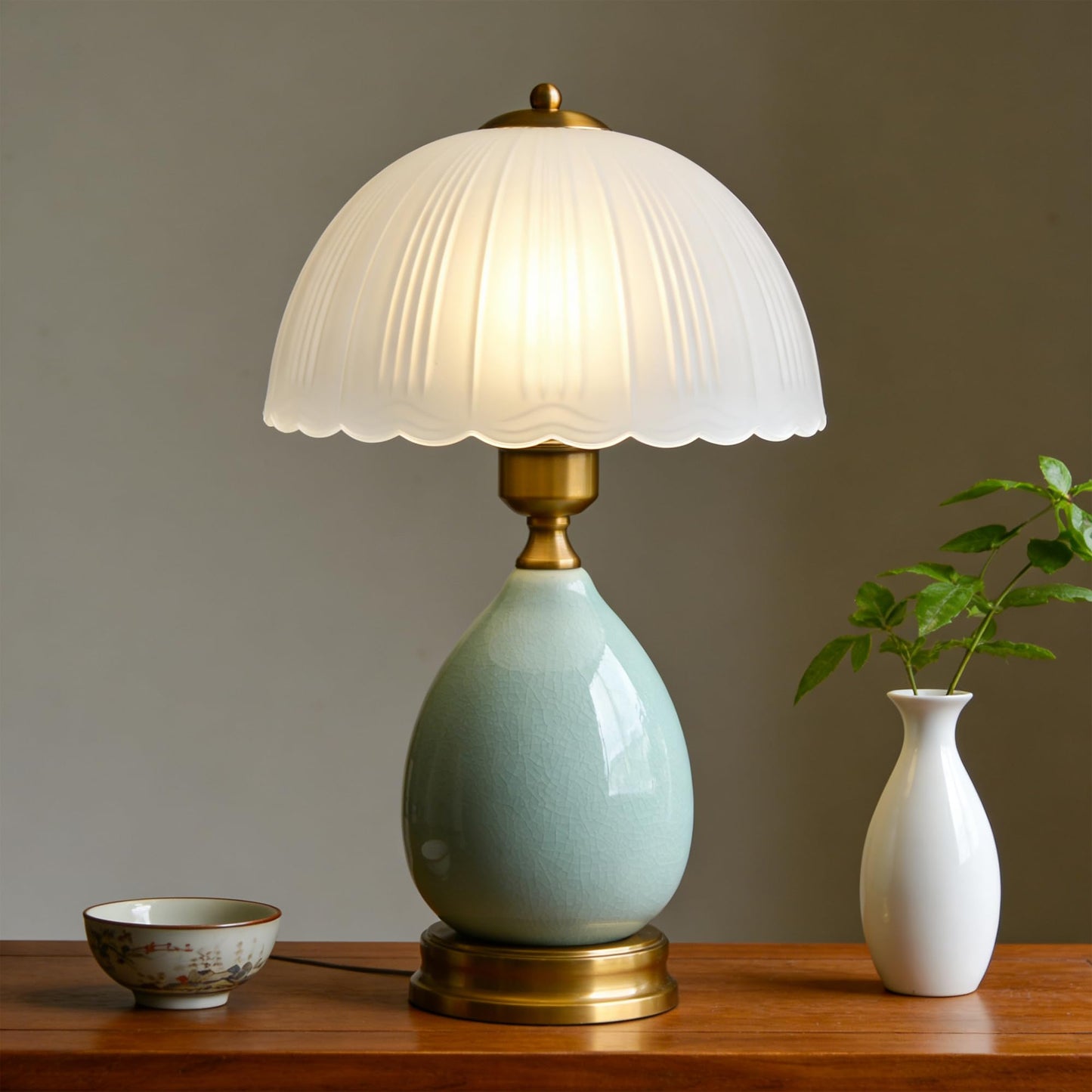WELAISA Table Lamps Ceramic Retro Lamp for Living Room,16.73" Modern Bedside Nightstand Traditional Lamps, Classic Chinoiserie Green Glass Lamp for Home (French Country)
