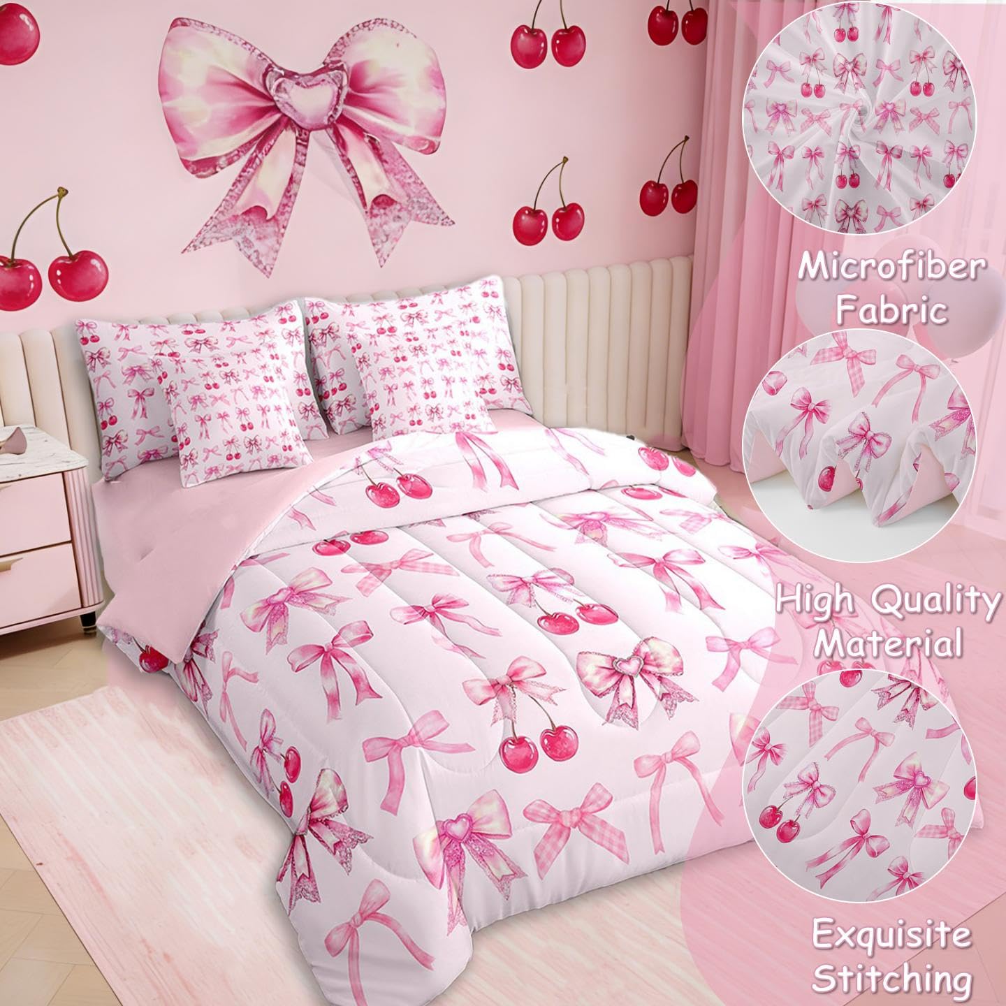 Pink Cherry Bow Twin Comforter Set for Girls 7 Piece Bed in a Bag,Cute Bowknot Reversible Twin Bedding Sets for Girls,Princess Bow Coquette Comforter and Sheet Set Girly Kawaii Room Decor Aesthetic