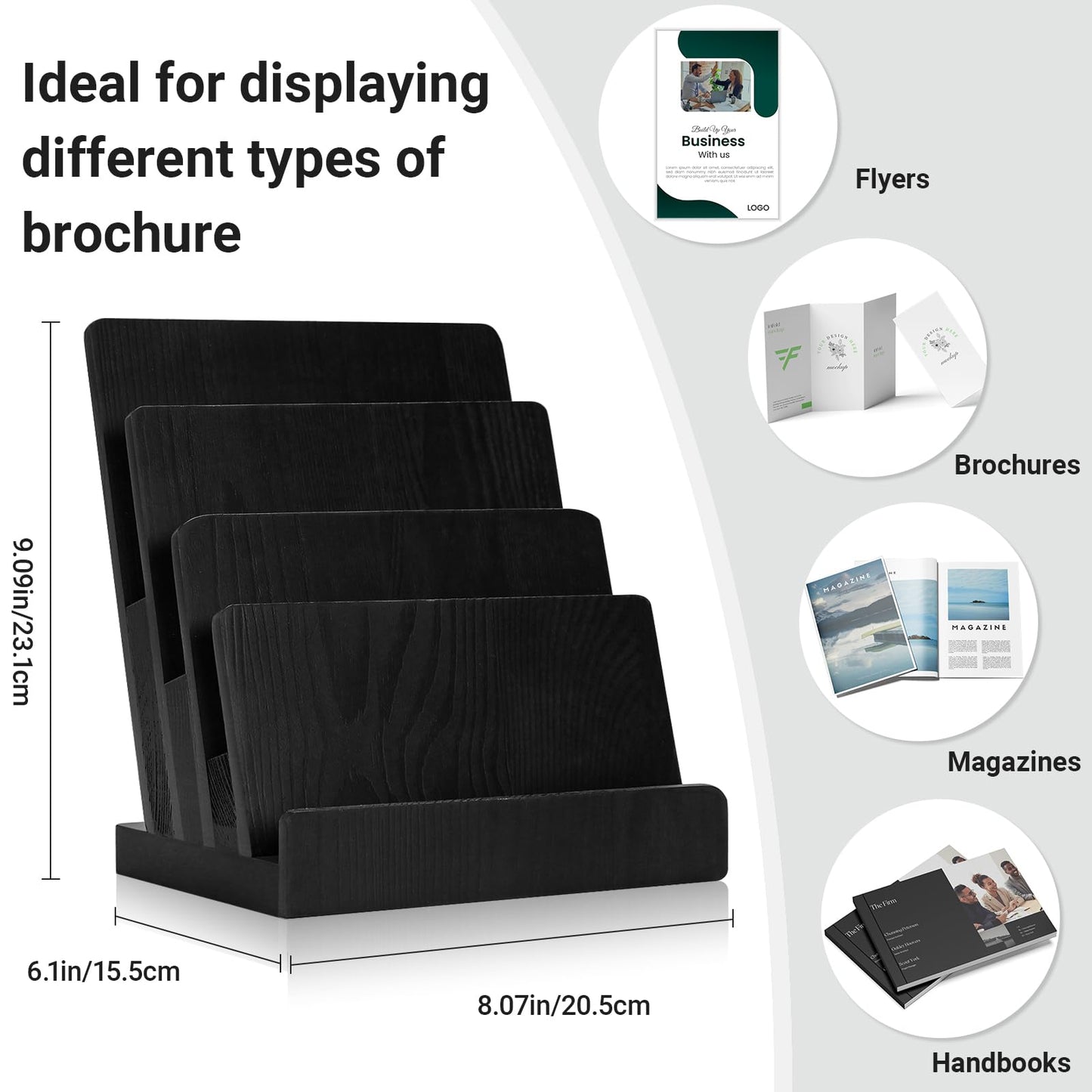 HKSZEH Black 8.5×11 Inch Magazine Display Stand 4-Tier For 6×9 inch Brochure Pamphlet Flyer Menu Holder Countertop Display Stand Literature Organizer For Office Home