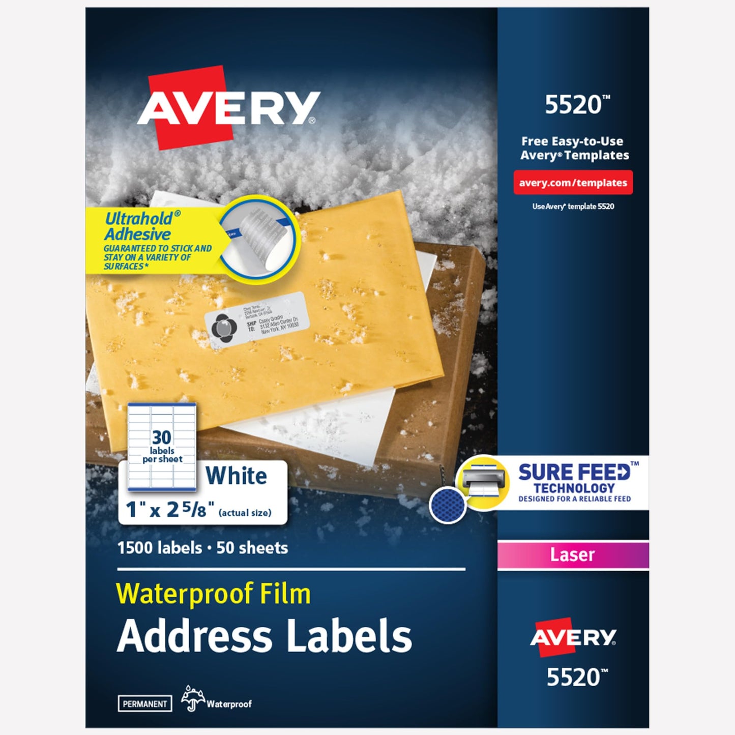 Avery Waterproof Printable Address Labels with Sure Feed, 1" x 2-5/8", White, Ultrahold Permanent Adhesive, Laser Printers, 1,500 Blank Mailing Labels, Great for Mailing, Branding, and More (5520)