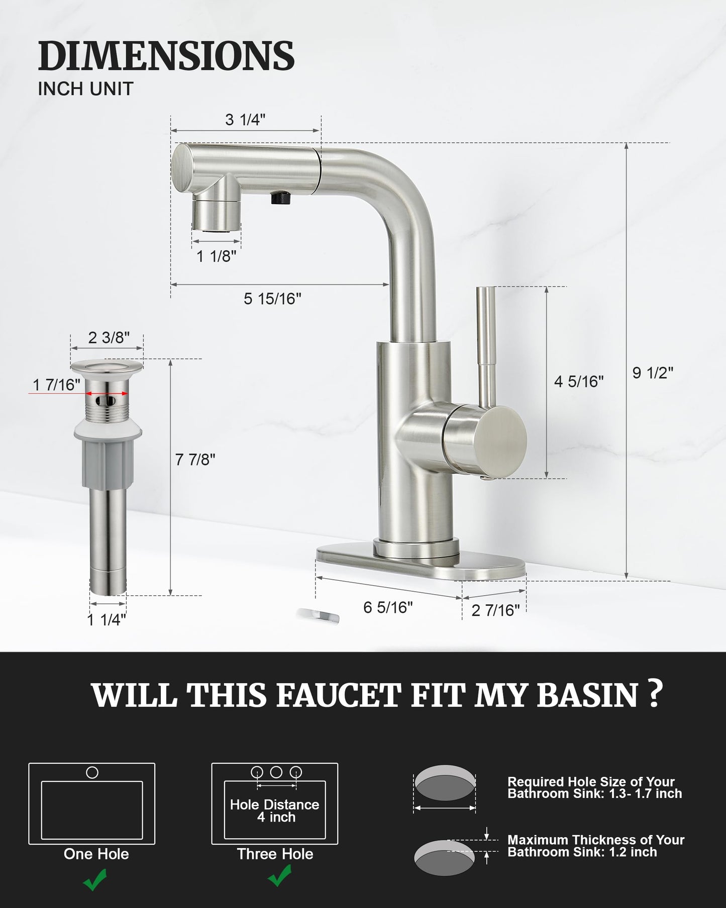 Ultimate Unicorn Bathroom Faucet with Pull Out Sprayer, Brushed Nickel Single Handle Bathroom Faucet for 1 or 3 Hole Bathroom Sink, Pull Down Bathroom Sink Faucet with Rotatable Spout Pop Up Drain