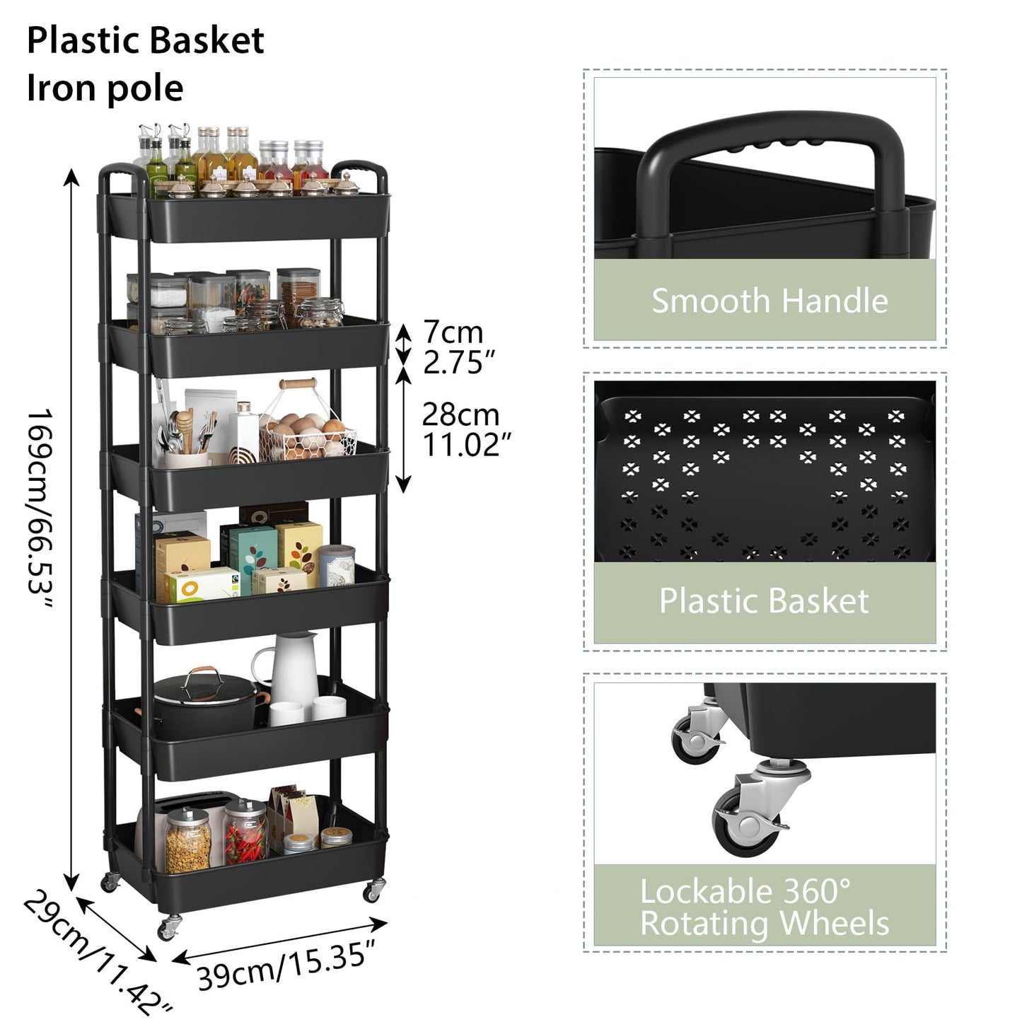 Sywhitta 6-Tier Plastic Rolling Utility Cart with Handle, Multi-Functional Storage Trolley for Office, Living Room, Kitchen, Movable Storage Organizer with Wheels, Black