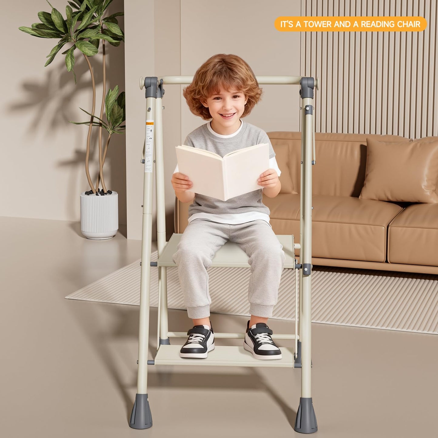 LEDLAY Aluminum Foldable Toddler Tower 2 Steps, Kids Step Stool for Kitchen, Toddler Kitchen Stool Helper with Anti-Drop Safty Railing, Multi-Functional Learning Tower with Anti-Slip Design, Gray