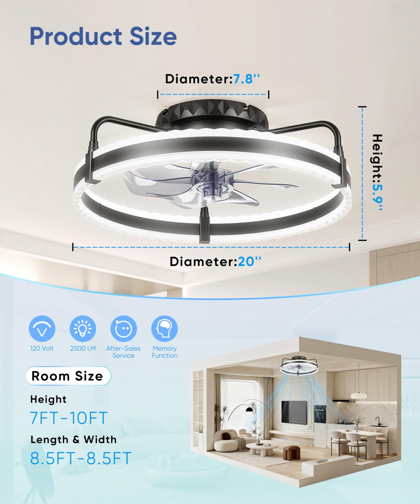 Ceiling Fan with Lights, 20'' Low Profile Ceiling Fans, 3000-6500K Dimmable Fandelier LED Fan Light, Black Modern Flush Mount Ceiling Fan, 6 Speeds Reversible DC Motor Noiseless for Bedroom, Kids Room