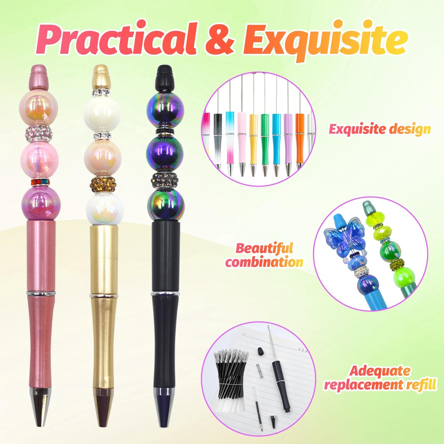 DASTTUIS 600 Pieces Beadable Pens - 200 Plastic Beadable Pens Bulk, Refills & Pen Bags Included - Beaded Pens Kit Cute Ballpoint Pens Black Ink - DIY Pens for Students & Teachers (Multicolor)