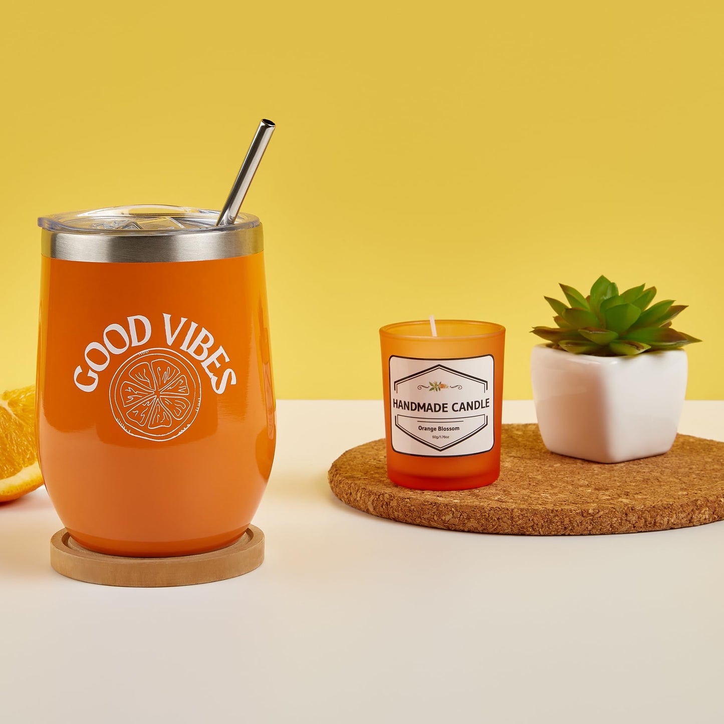 Sunny&Wise Care Package For Women - Designed in USA - Self Care Gifts After Surgery, Get Well Soon, Orange Fruit Themed, Thinking of You, 12 Oz Good Vibes Tumbler