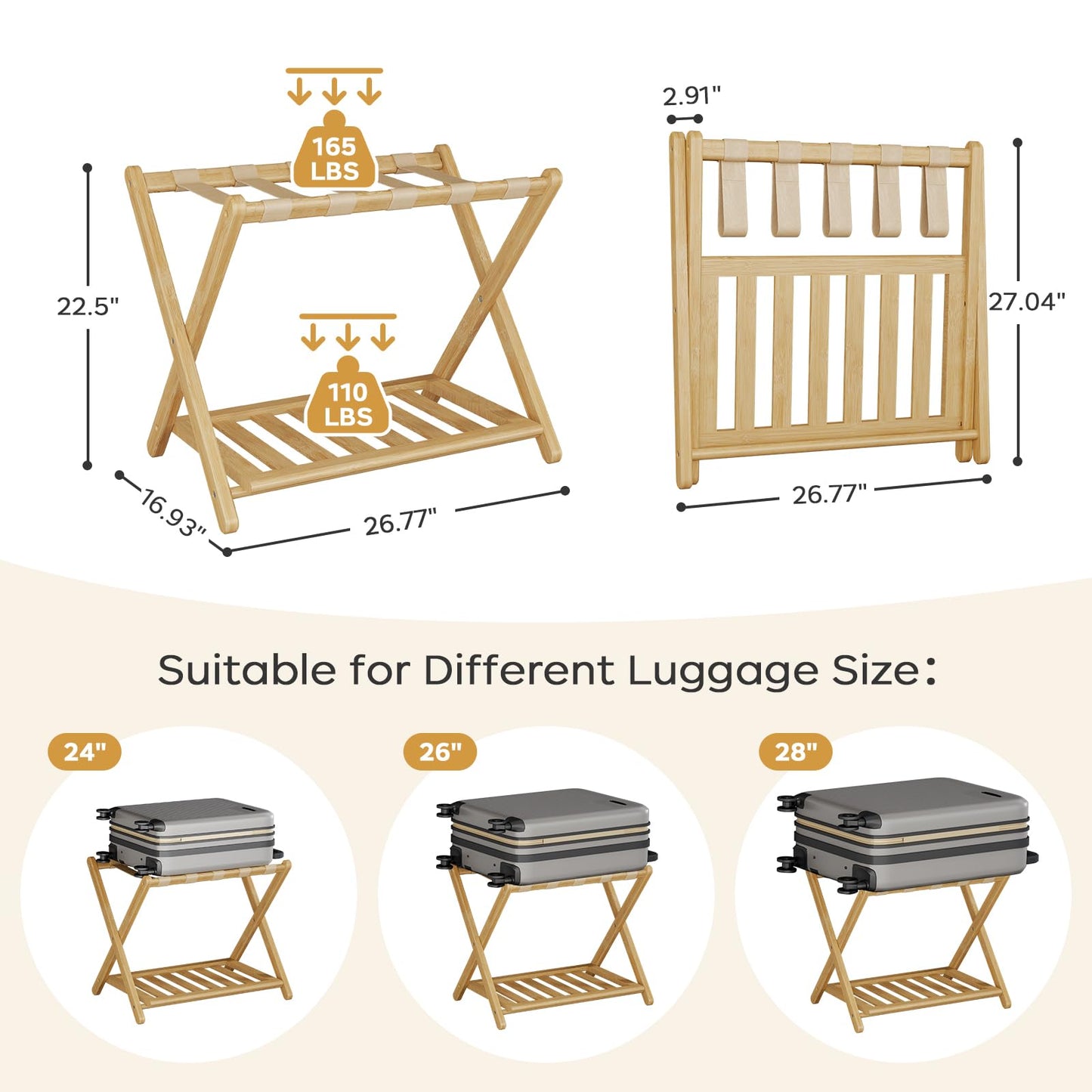 Oakvora Full Assembled 26.77"L Luggage Rack for Guest Room, Set of 1 Foldable Suitcase Stand with 5 Nylon Straps, Luggage Holder with Shoe Shelf for Suitcases, Hotel (Natural Wood Bamboo Luggage Stands)