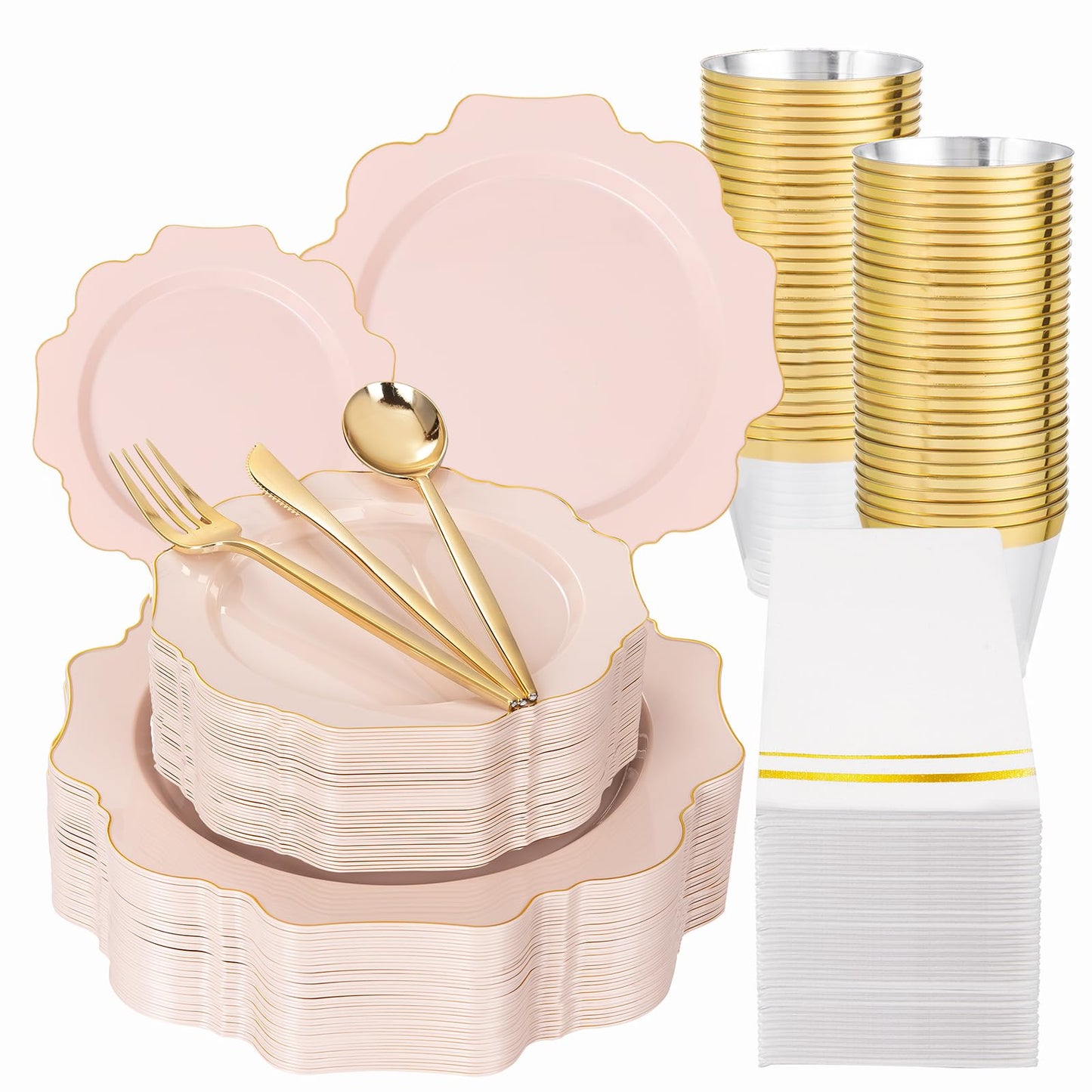 WDF 350Pcs Pink Plastic Plates - Pink and Gold Disposable Plates 50Guest Plastic Dinnerware for Baby Shower/Birthday/Wedding/Spring/Mother's Day