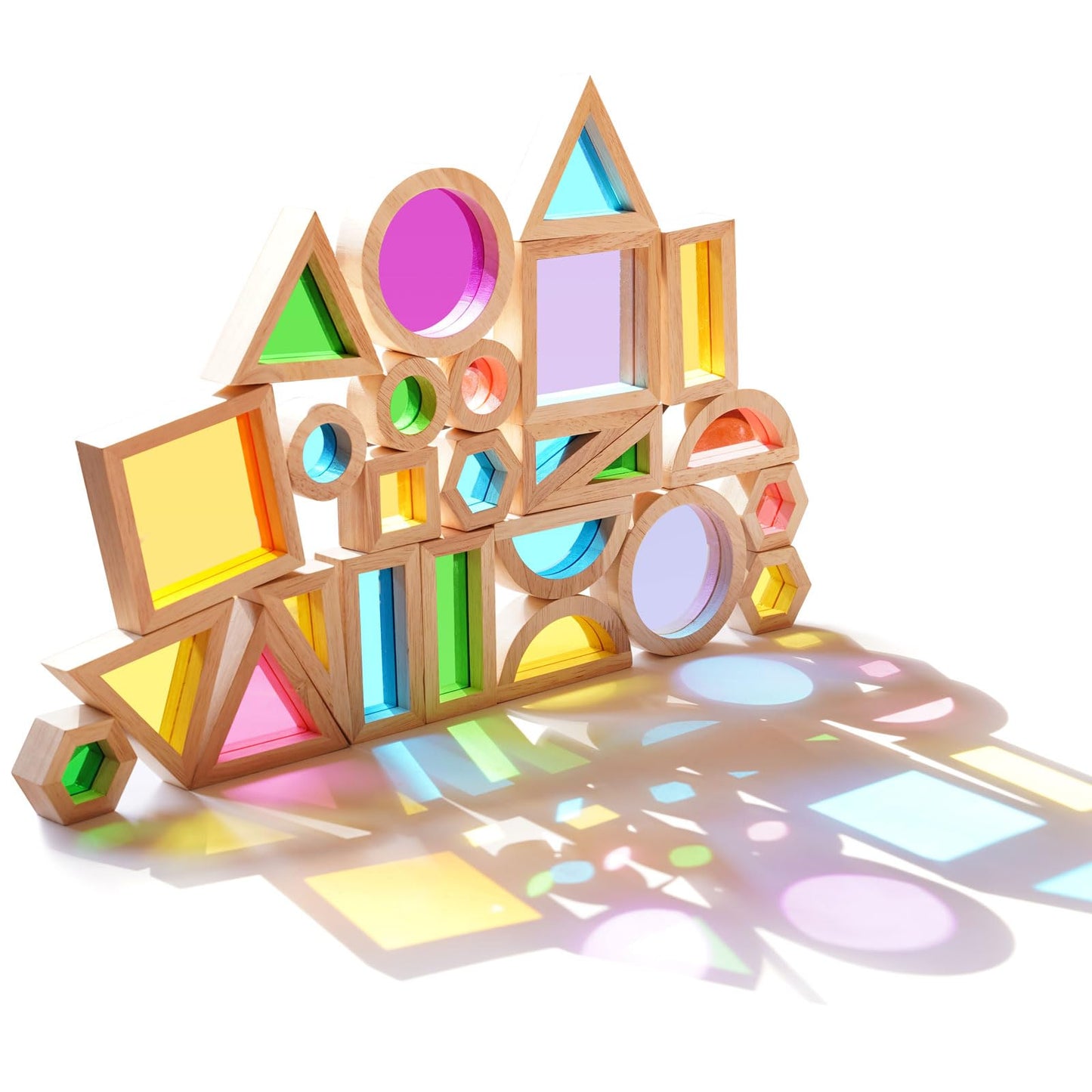 Wooden Rainbow Building Blocks for Kids 32 Pcs Rainbow Stacker Stacking Blocks Game Colorful Construction Toys Preschool Learning Educational Toys -Geometry Wooden Blocks for Boys & Girls