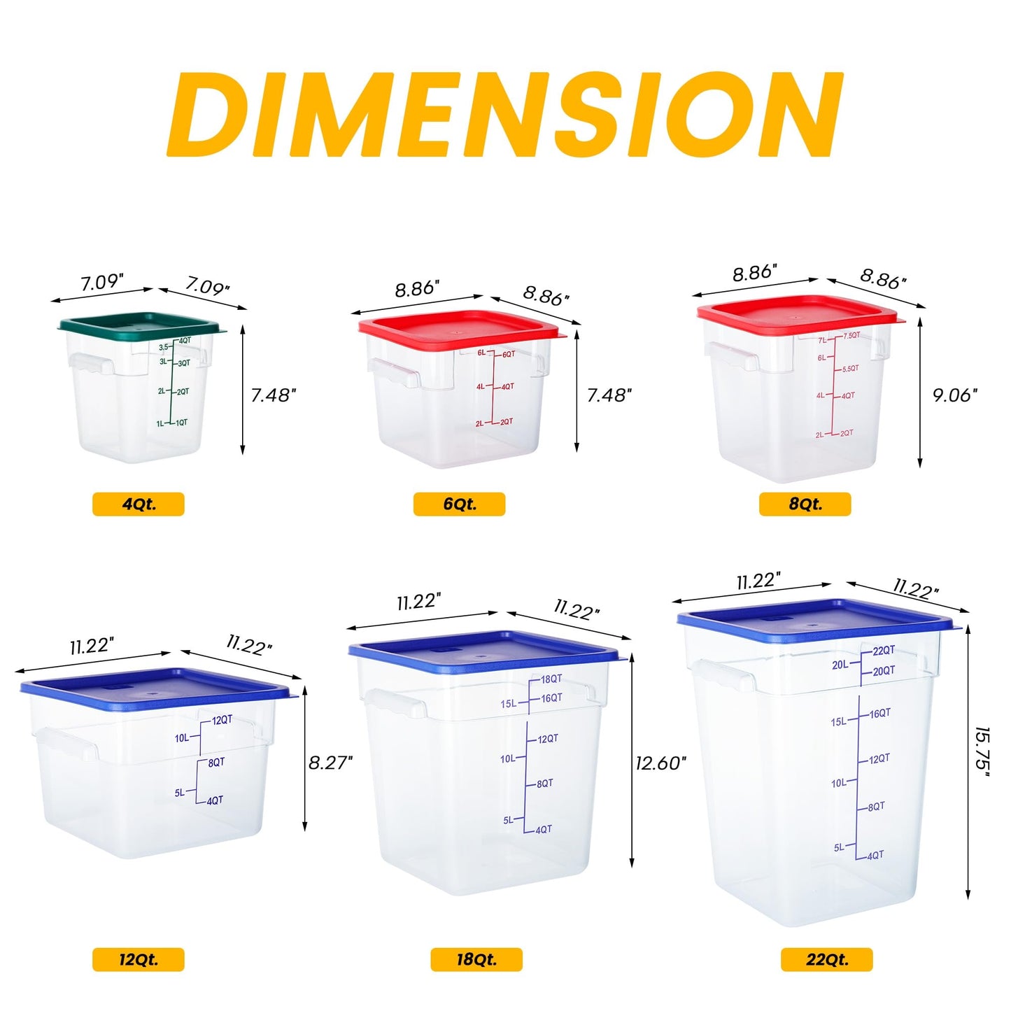 BIEAMA 4 Pack Food Storage Containers, 8 Quart with Lids, Square Commercial Containers with Scale, NSF, Polycarbonate, Clear