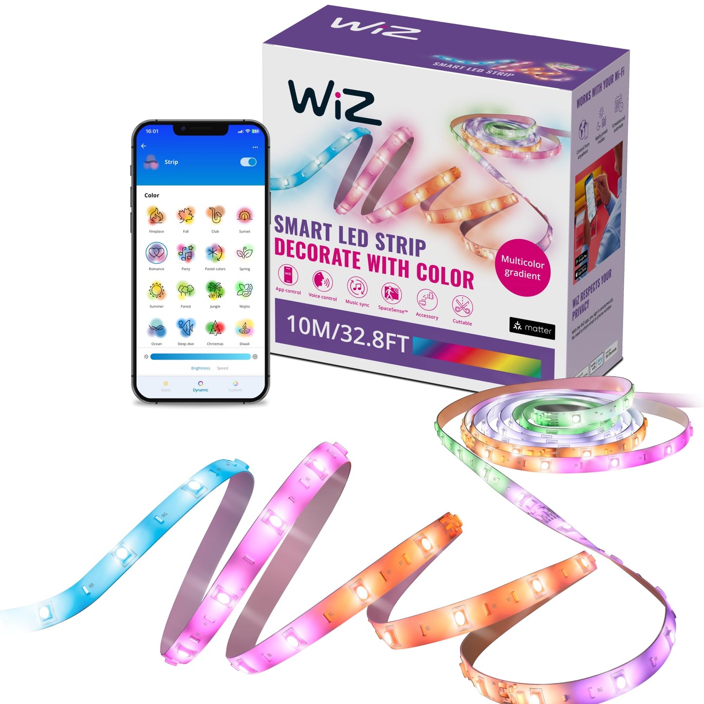 WiZ Connected 32.8 ft LED Light Strip For Your Smart Home - Flowing Multicolor LED, Color-Changing, Cuttable - Voice/App Control - Works with Google Home, Alexa & HomeKit