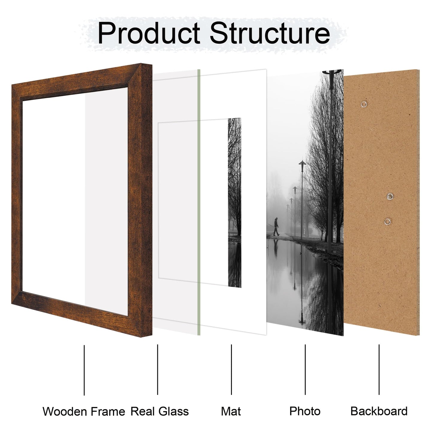 iRahmen 11x14 Picture Frame Set of 4 with Tempered Glass, Rustic Frame Display 8x10 Pictures with Mat or 11 x 14 Without Mat, Wooden Photo Frames for Wall Mounting
