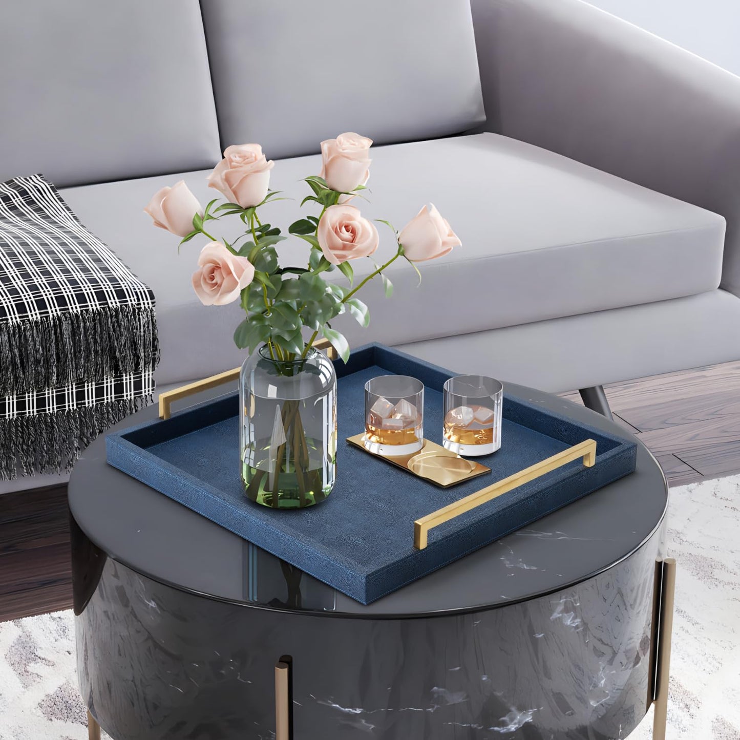 Large Navy Blue Decorative Tray for Ottoman,Stylish Rectangle Coffee Table Tray with Handles,Versatile Serving Tray for Living Room and Home Decor