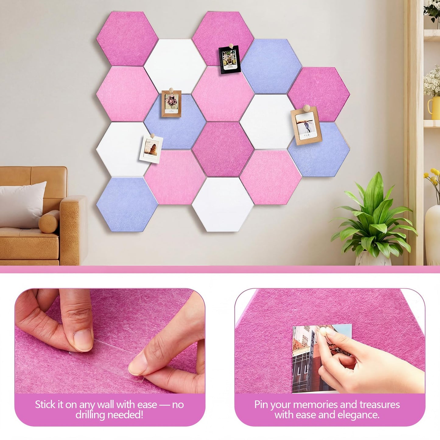 Mindsoft 16 Pcs Hexagon Cork Board for Walls with 50 Wooden Push Pins 12x10 in Felt DIY Tiles Notice with Nano Tape Hanging Bulletin Board for Home Photo Office Memo Note(Pink)